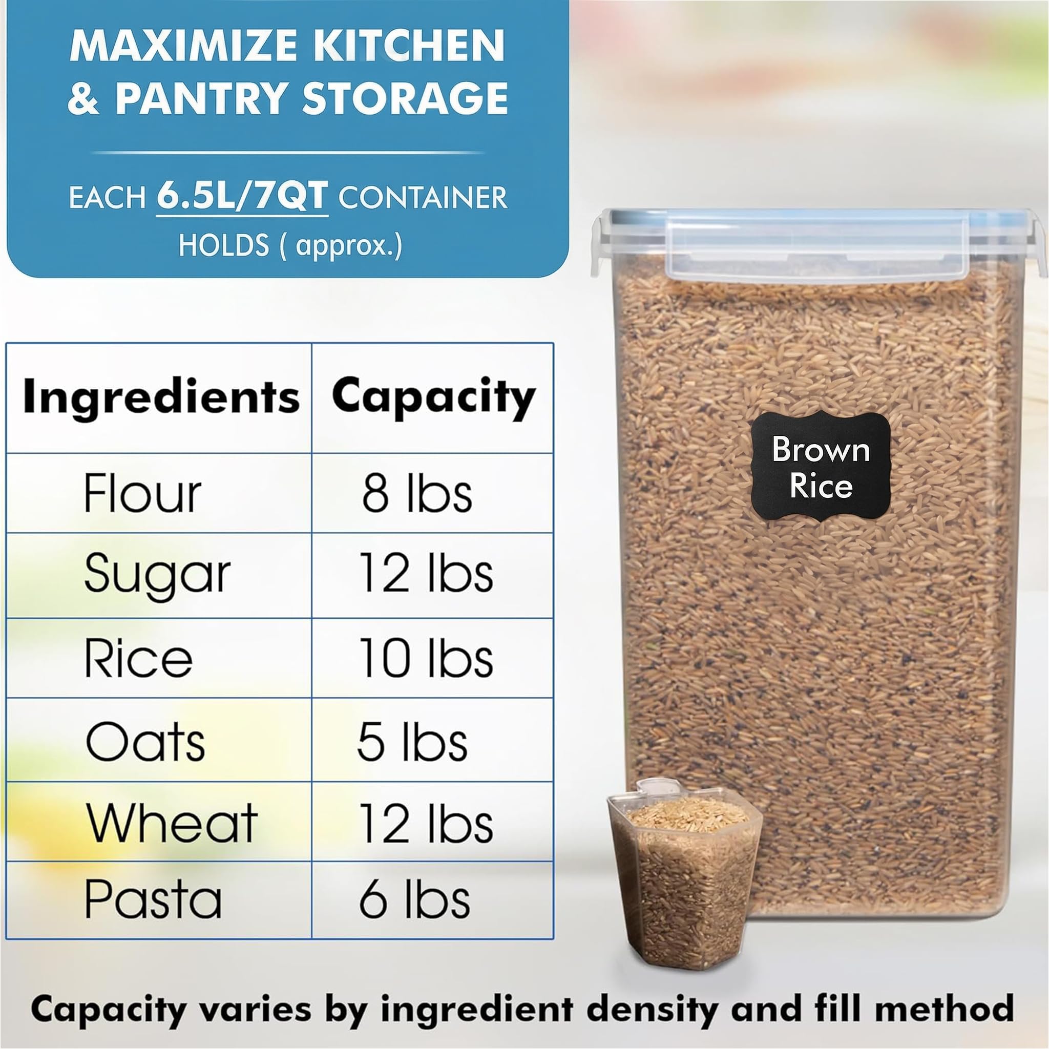Juego de 2 recipientes herméticos para almacenamiento de alimentos XXL de 7 cuartos de galón, 6.5 L, 226 onzas, ancho y profundo, 2 tazas medidoras, ideal para azúcar, harina, plástico transparente, a