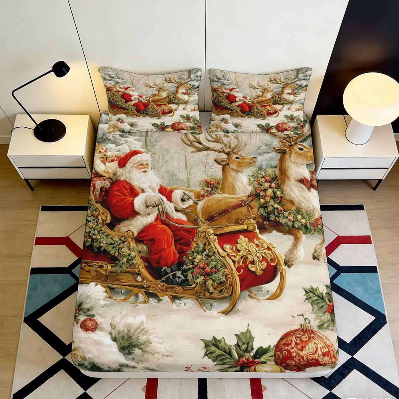 3D Printed Santa Sleigh Fitted Sheet Microfiber Soft Christmas Reindeer Mattress Cover for Bedroom Guest Room Dorm Decor 140x200x25cm