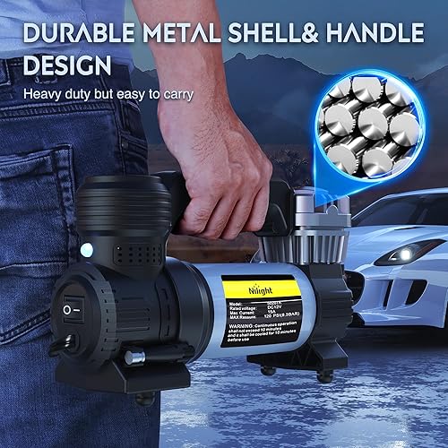 Miniatura 6 de Nilight Compresor de aire portátil, inflador de neumáticos de 12 V, resistente 120 PSI, bomba de metal, doble cilindro, presión digital, inflado