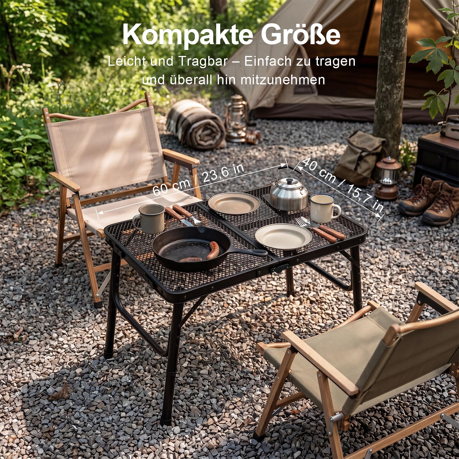 Campingtisch klappbar 60 x 40 cm, Grilltisch klappbar höhenverstellbar 26/47/65 cm, leichter Metalltisch 2,4 kg mit Gitterplatte, Camping Tisch bis 30 kg für BBQ, Picknick, Garten, Balkon