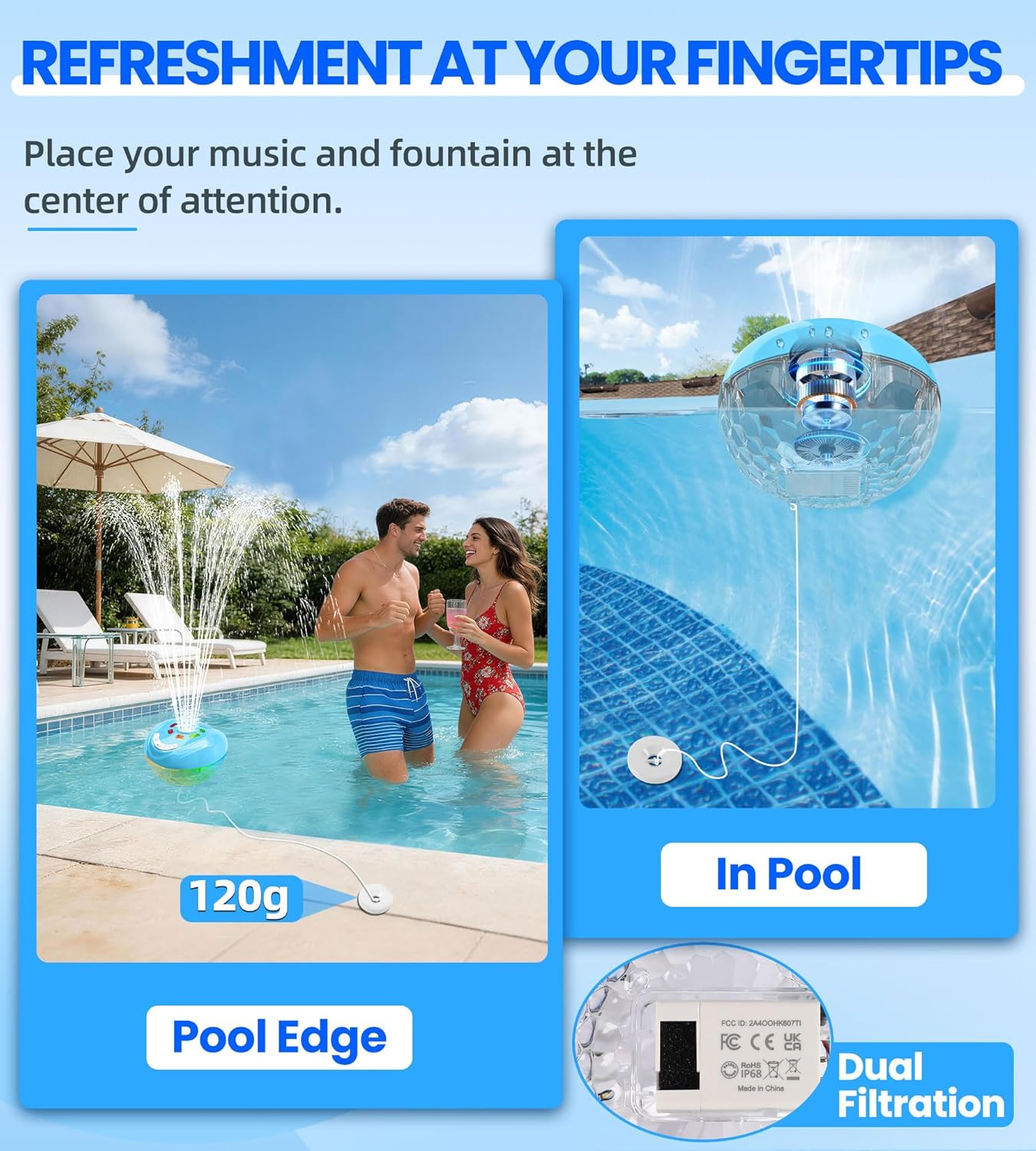 3 in 1 Floating Pool Speaker with Pool Fountain, Pool Speakers Bluetooth Waterproof IP68, Floating Speaker for P ool with Colorful Lights, Portable Hot Tub Speakers, Water Fountain-Light Blue - Image 3