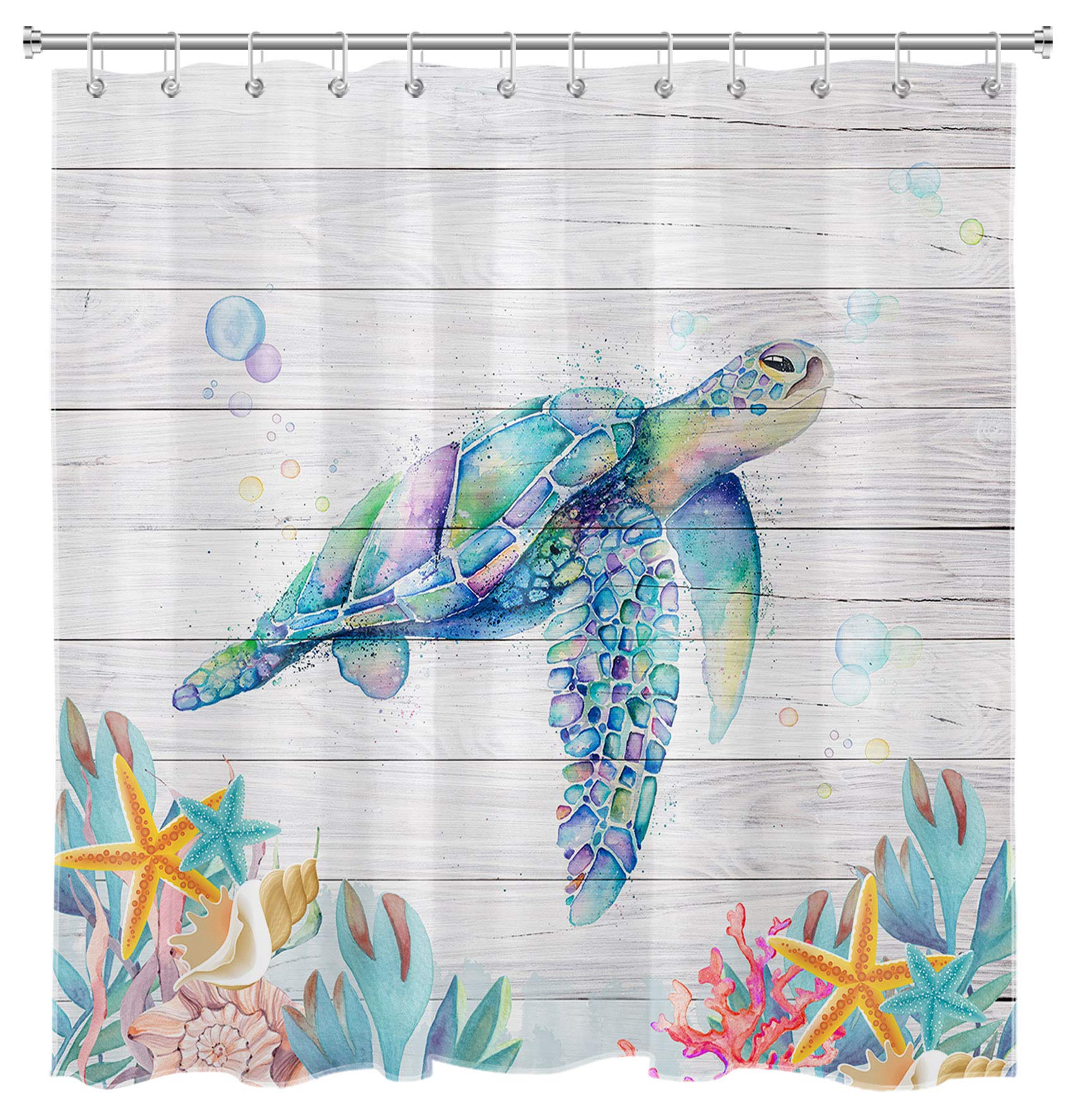 HVEST Sea Turtle Shower Curtain Beach Theme Turtle Starfish Corals Teal Ocean Marine Animals on Rustic Wooden Board Bathroom Curtain 69x70 Inch Waterproof Fabric with 12 Hooks