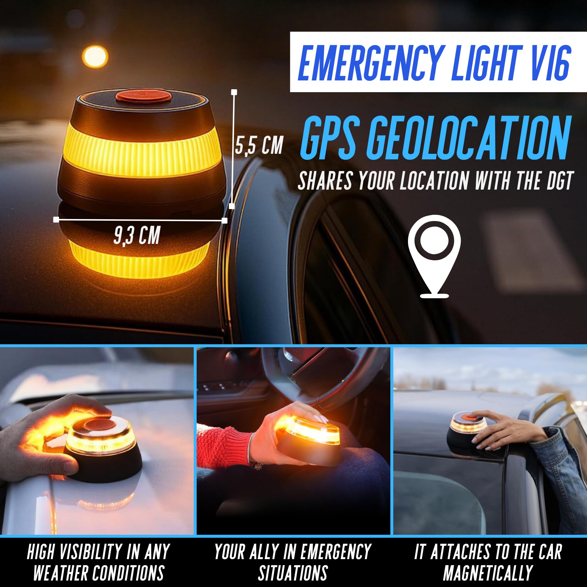 MAGIC SELECT 4X Luz Emergencia V16 Homologada por DGT con Geolocalización para Señalización en Carretera de Vehículo, Coche y Moto. Base Imantada, 3 Pilas AA Incluidas.