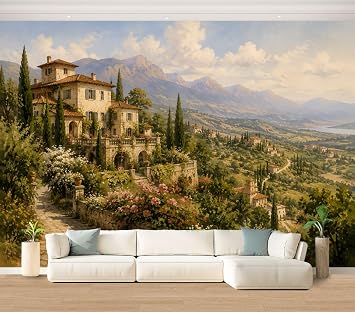 Wall Mural Tuscan Countryside Villa Landscape Rolling Hills Cypress Trees Vintage Peel and Stick Wallpaper Removable Self-Adhesive Large Wall Sticker Decor for Bedroom Living Room Nursery 100"x144"