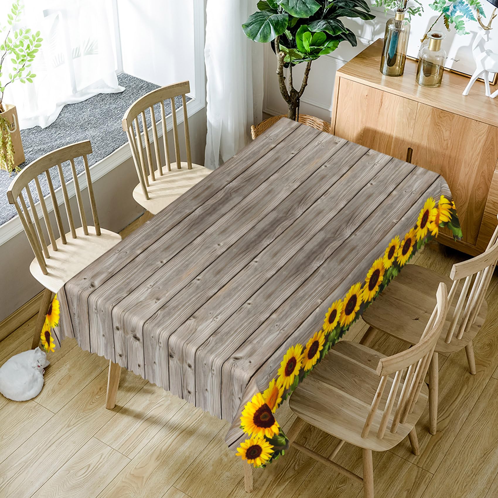 SIEDYCV Sunflower Wooden Tablecloth 70x180 Inch Vintage Rustic Wood Grain Yellow Sunflower Fabric Table Cloth Polyester Anti-Wrinkle Washable