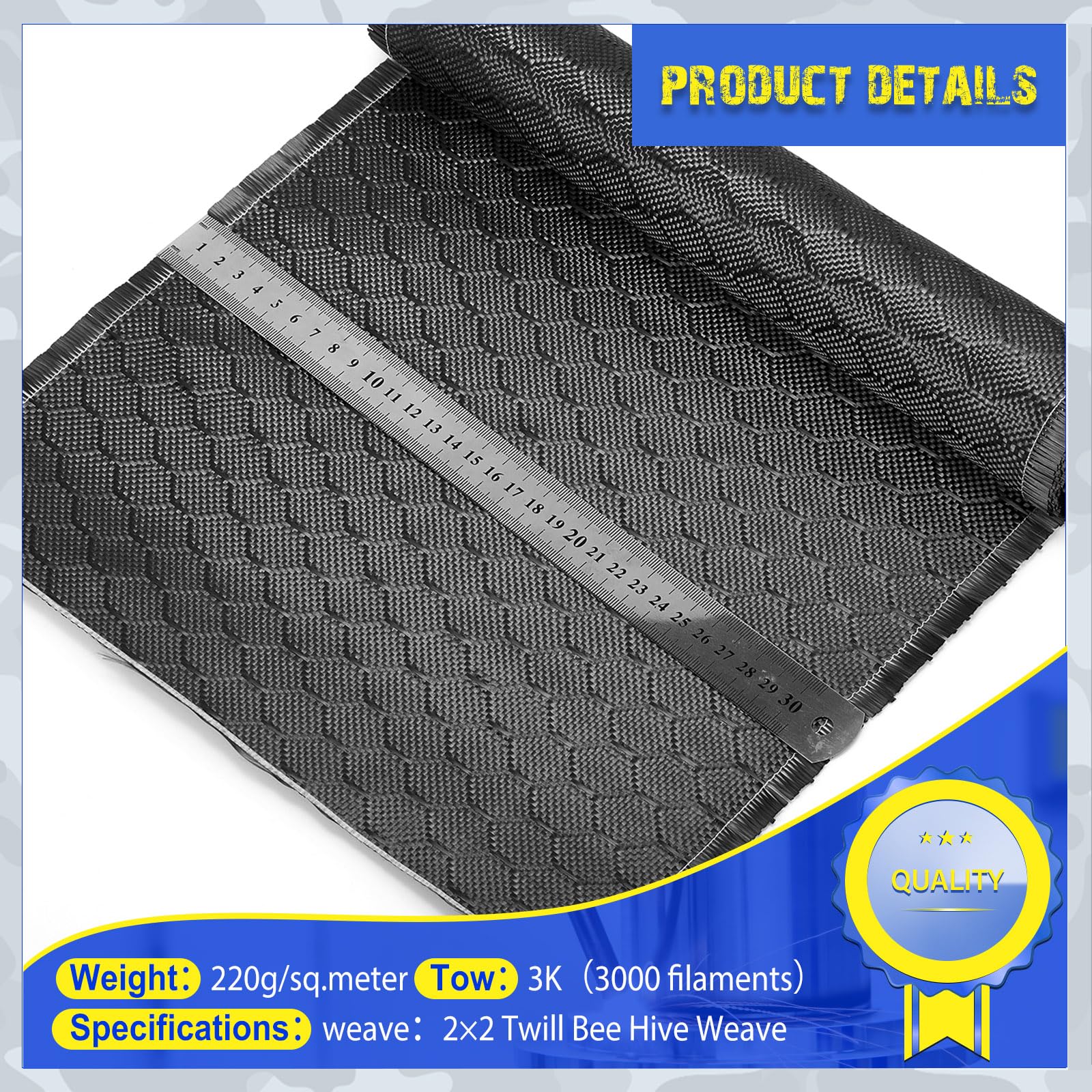 VitalCozy Rouleau de tissu en fibre de carbone 3 m x 30,5 cm en fibre de carbone sergé 3 K/220 g pour renforcement structurel de voiture, béton, mur, bateau, réparation projet de bricolage