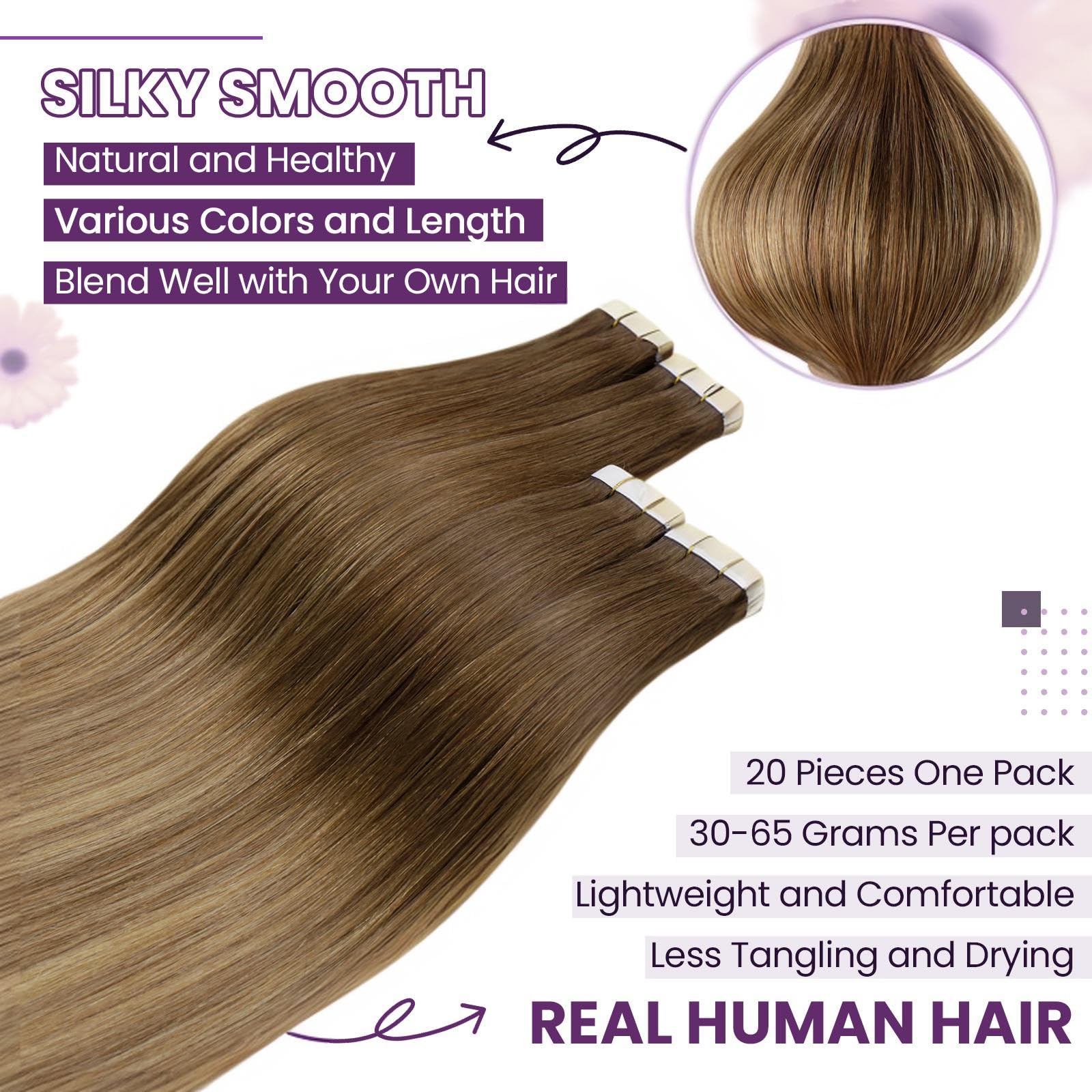 LaaVoo Tape in Hair Extensions Human Hair 50g Tape Hair Extensions Real Human Hair Invisible Tapes Remy Straight Balayage Brown Shadows Hair Double Sided Tabs 20pcs 22 Inch #6/8/14 - Image 2