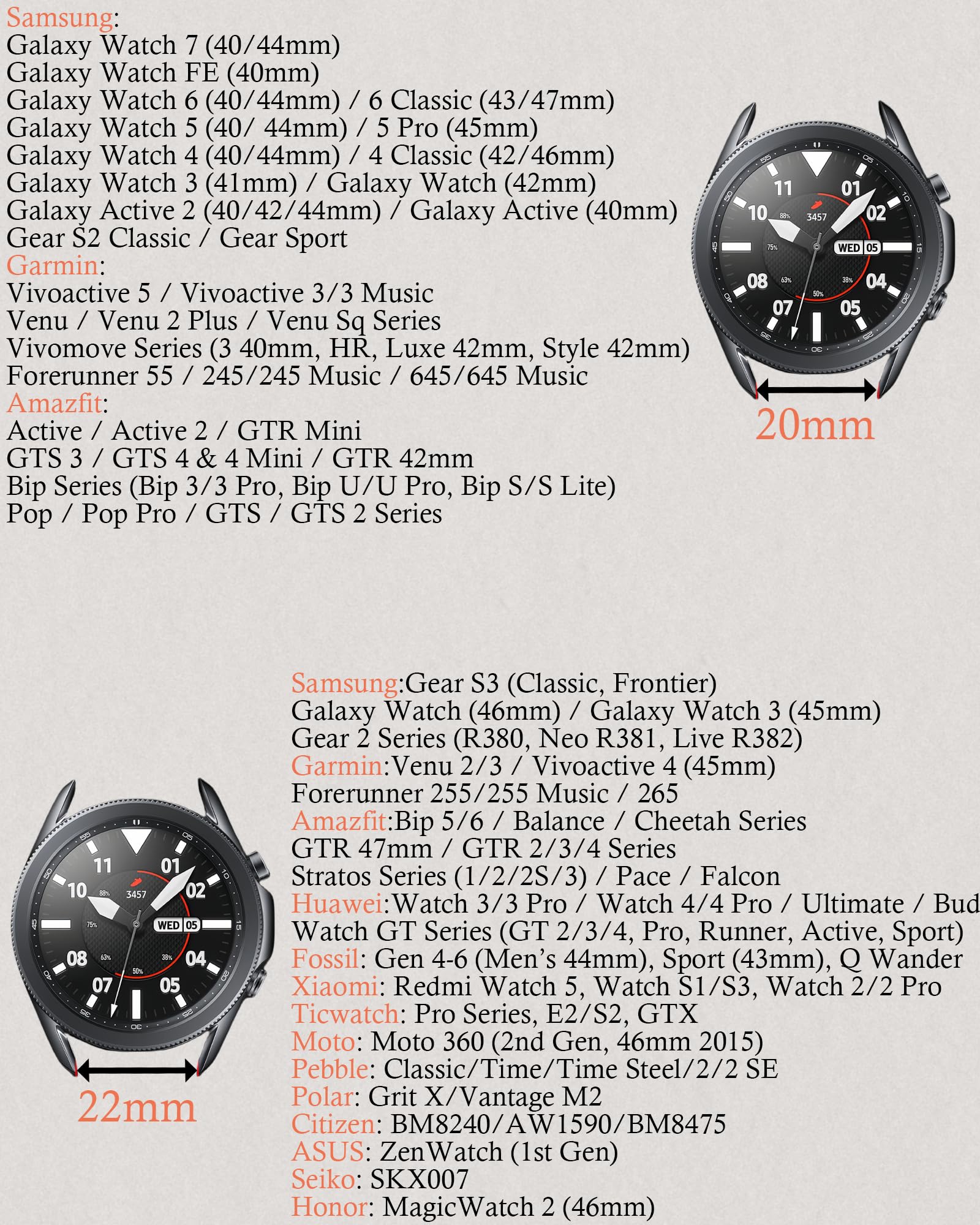 Bracelet Métal Chaîne Ajustable Compatible avec Samsung Galaxy Watch Band 7/FE/6/5/4/3 & Watch 5 Pro & 6/4 Classic & Gear S3/S2, 20mm & 22mm