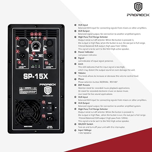 Miniatura 6 de PRORECK SP-15X Gabinete de subwoofer PA DJ activo de 15 pulgadas, 2000 W, P.M.P.O con amplificador de clase D, 3 monitores preestablecidos DSP,