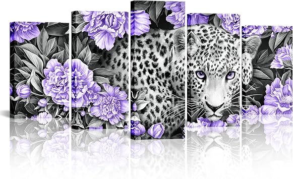 Kalormore 5 Pieces Wildlife Animal Canvas Wall Art Black and White Leopard in Purple Peony Flowers Picture Prints Gallery Wrapped Artwork Ready to Hang for Living Room Bedroom Decoration 50LX24H