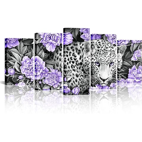 Kalormore 5 Pieces Wildlife Animal Canvas Wall Art Black and White Leopard in Purple Peony Flowers Picture Prints Gallery Wrapped Artwork Ready to Hang for Living Room Bedroom Decoration (50LX24H)