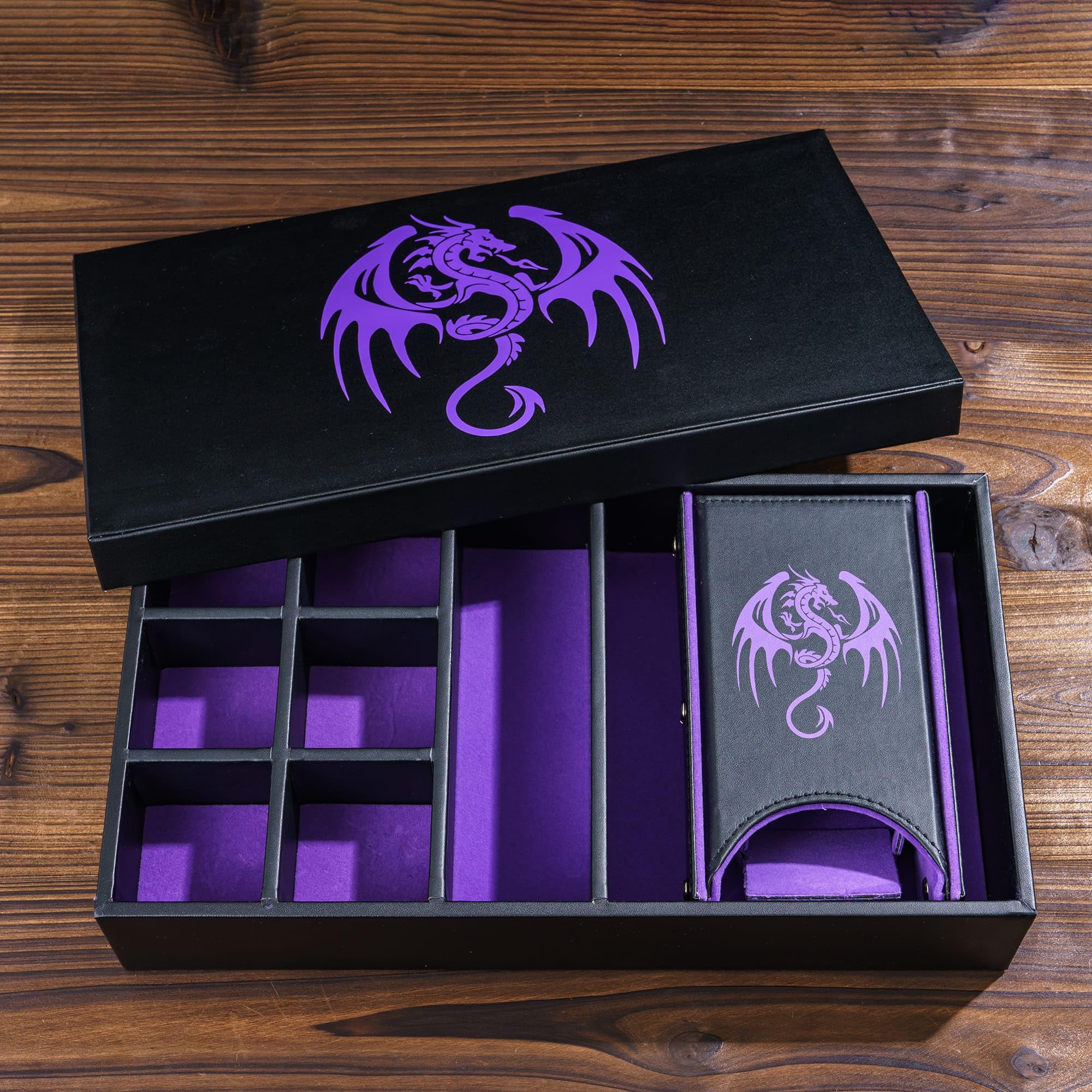 Caja de dados multifuncional 4 en 1 de almacenamiento D&D, torre de dados portátil, bandeja de dados morada, funda de cuero para juegos de rol de Dungeons and Dragons y otros juegos de mesa