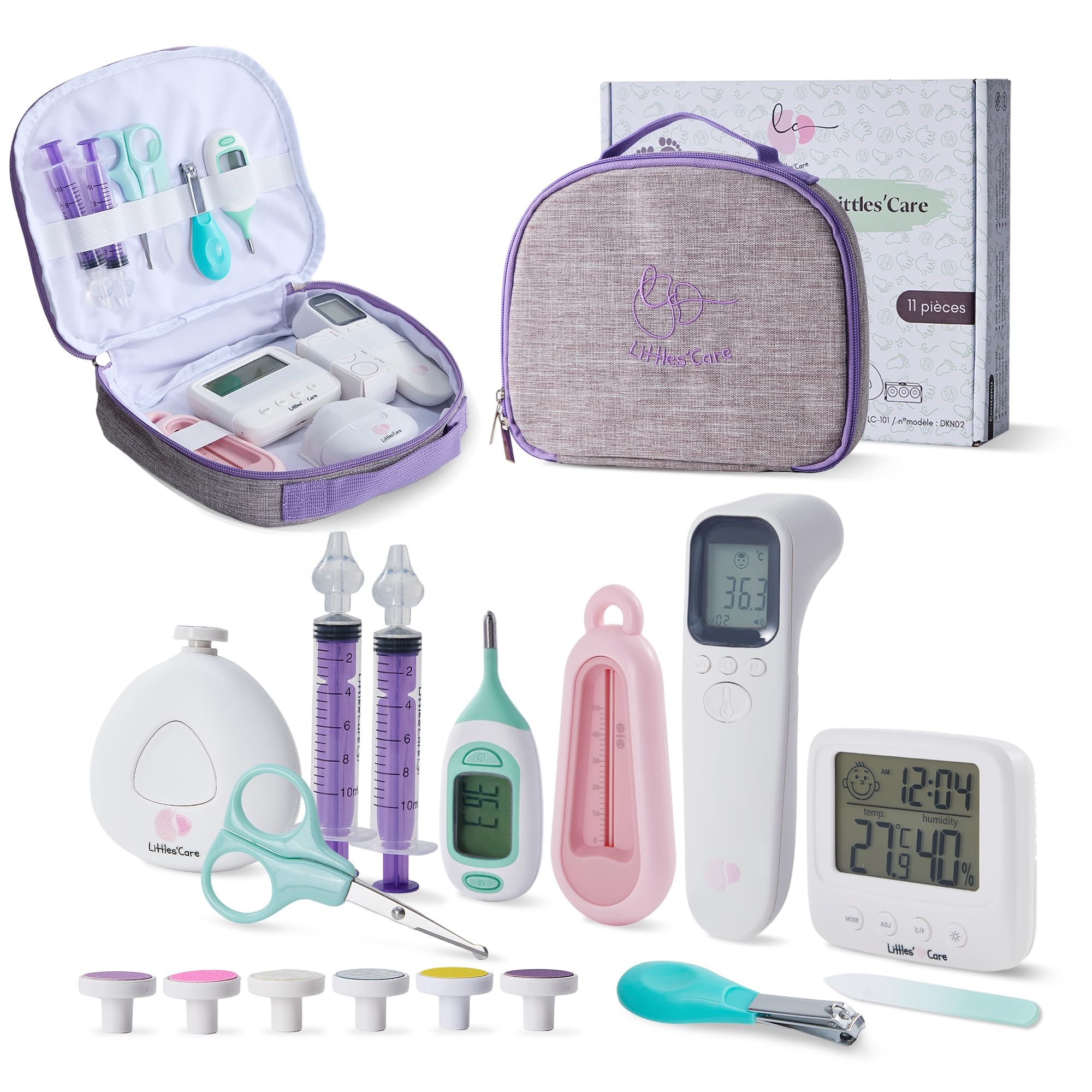 Trousse de toilette soin bebe : thermomètre frontal, mouche bebe seringue nasale, thermometre interieur et bain, lime ponceuse ongles, coffret naissance complet (Thermométre de bain rose)