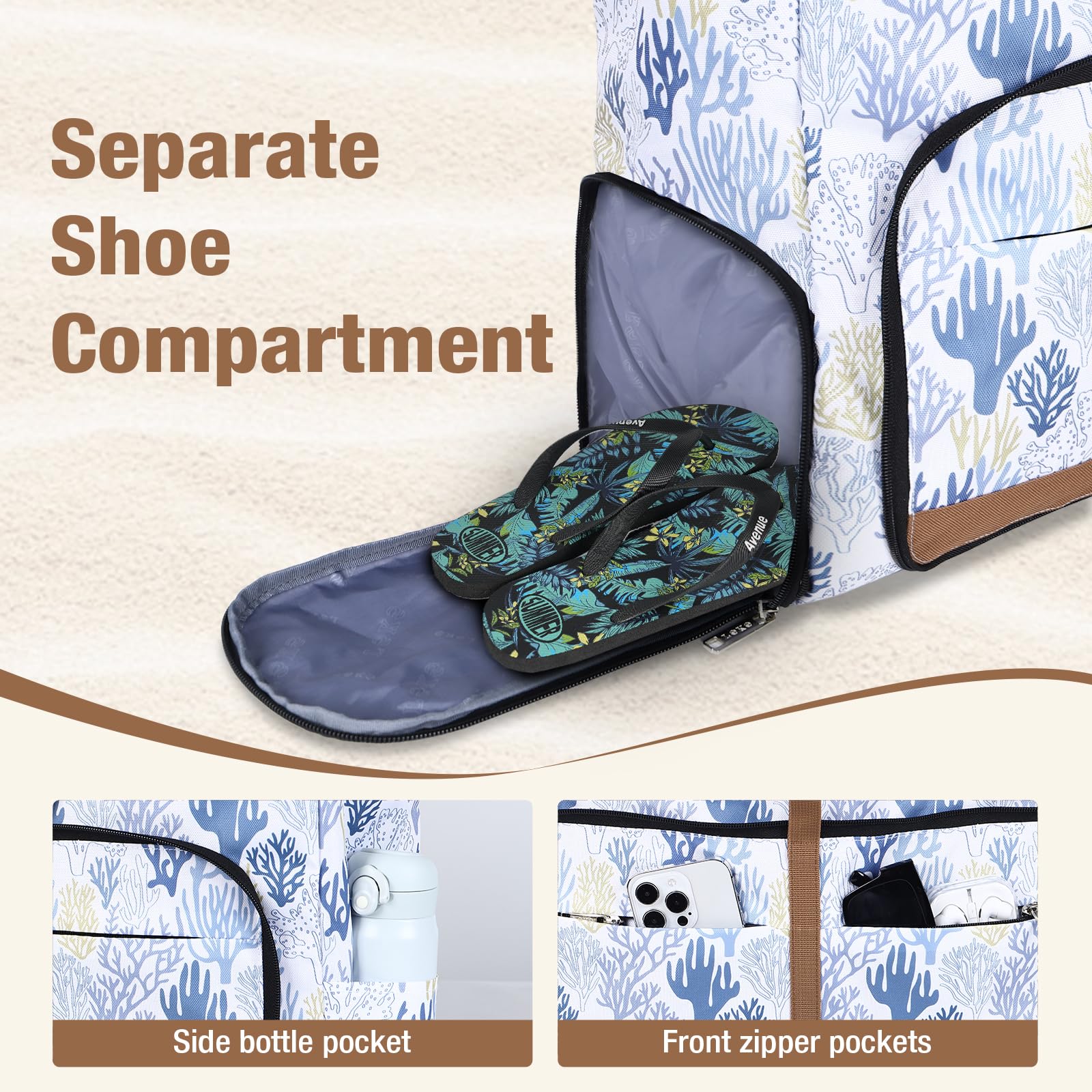 Lekespring Borsa Spiaggia Donna Pieghevole, Borsa Mare Grande XXL Famiglia con Scomparto Scarpe Separato, Impermeabile Shopping Borse Tote Bag con Cerniera per Viaggio Sportiva, Corallo Fiorito