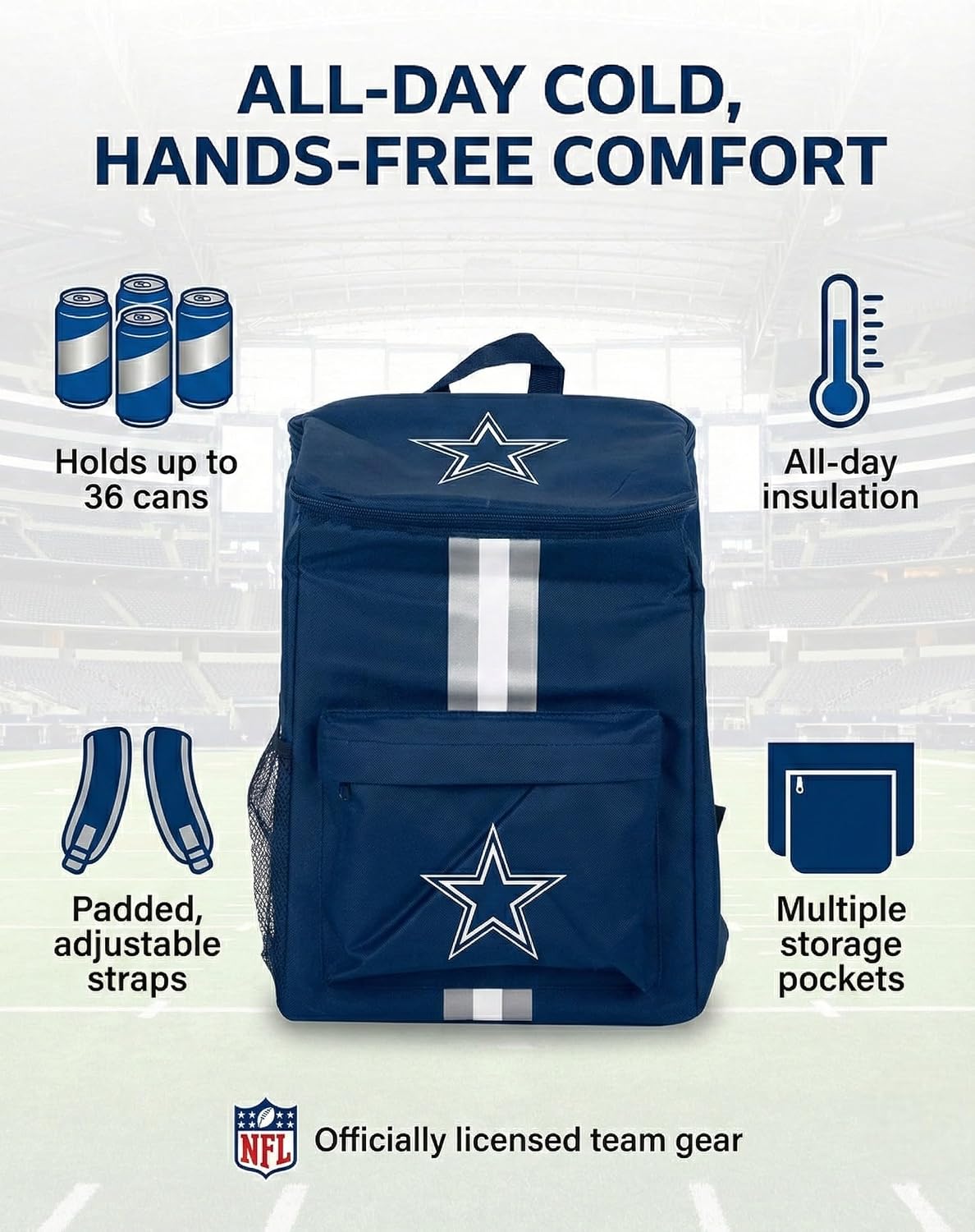 FOCO Dallas Cowboys Cooler Backpack – Portable Soft Sided Ice Chest – Insulated Bag Holds 36 Cans - Football Gear – Show Your Team Spirit with Officially Licensed Fan Gear image 4