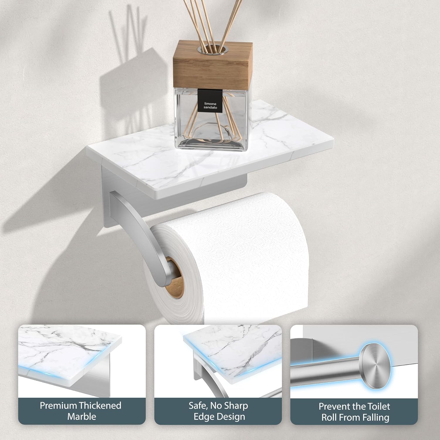 FORIOUS Toilet Paper Holder with Phone Shelf, Natural Marble Wall Mount Tissue Roll Holder for Bathroom, Washroom, 304 Stainless Steel Commercial Toilet Tissue Dispensers with Shelf, Brushed Nickel