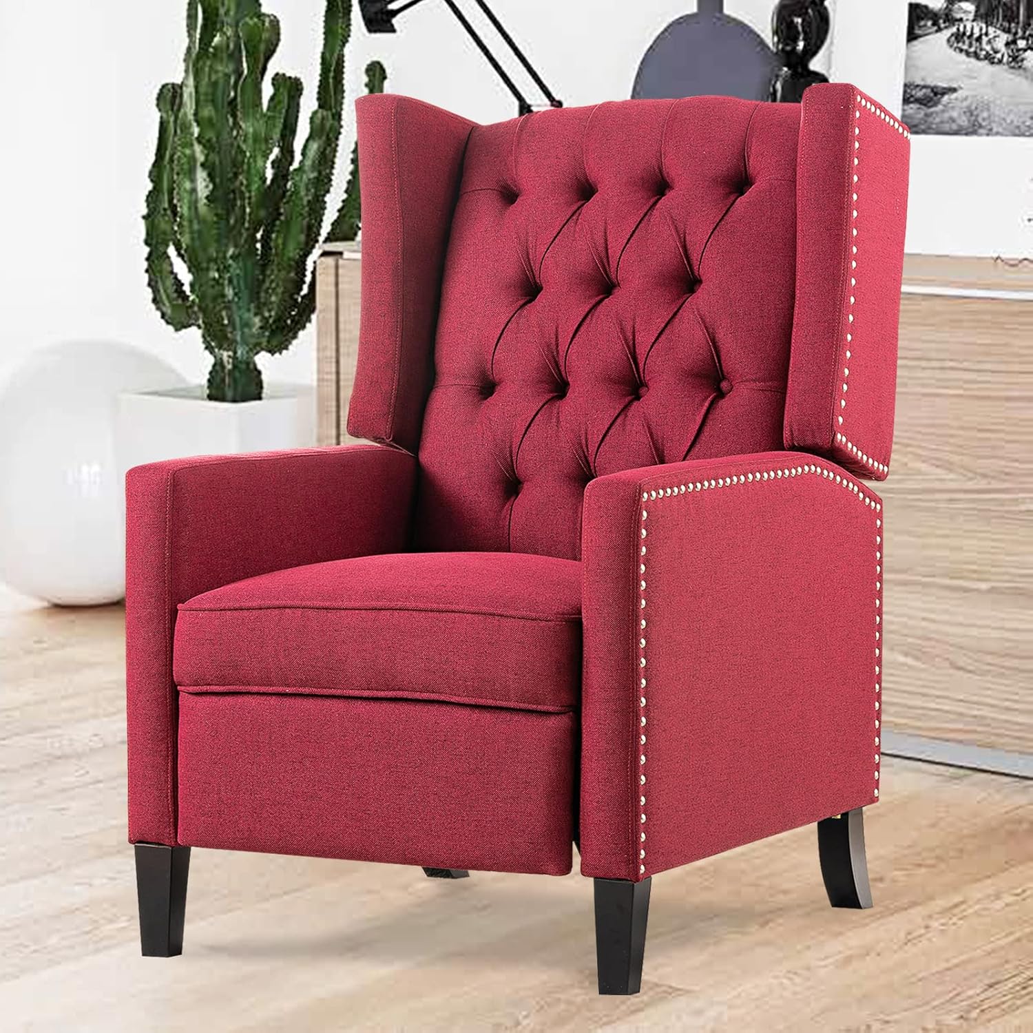 Recliner Chair for Adults Red Fabric Accent Chairs Living Room Mid-Century Modern Recliner Button Tufted Club Chair Upholstered Vintage Reclining Reading Arm Chair 27" Wide