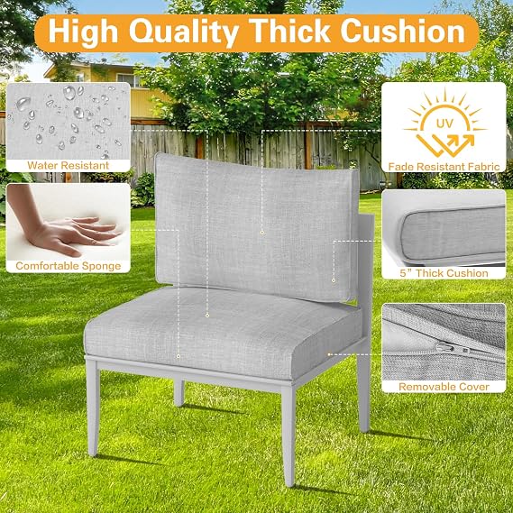 Aluminum Patio Armless Chair Conversation Dining Chair with Cushion, White