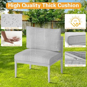 Aluminum Patio Armless Chair Conversation Dining Chair with Cushion, White
