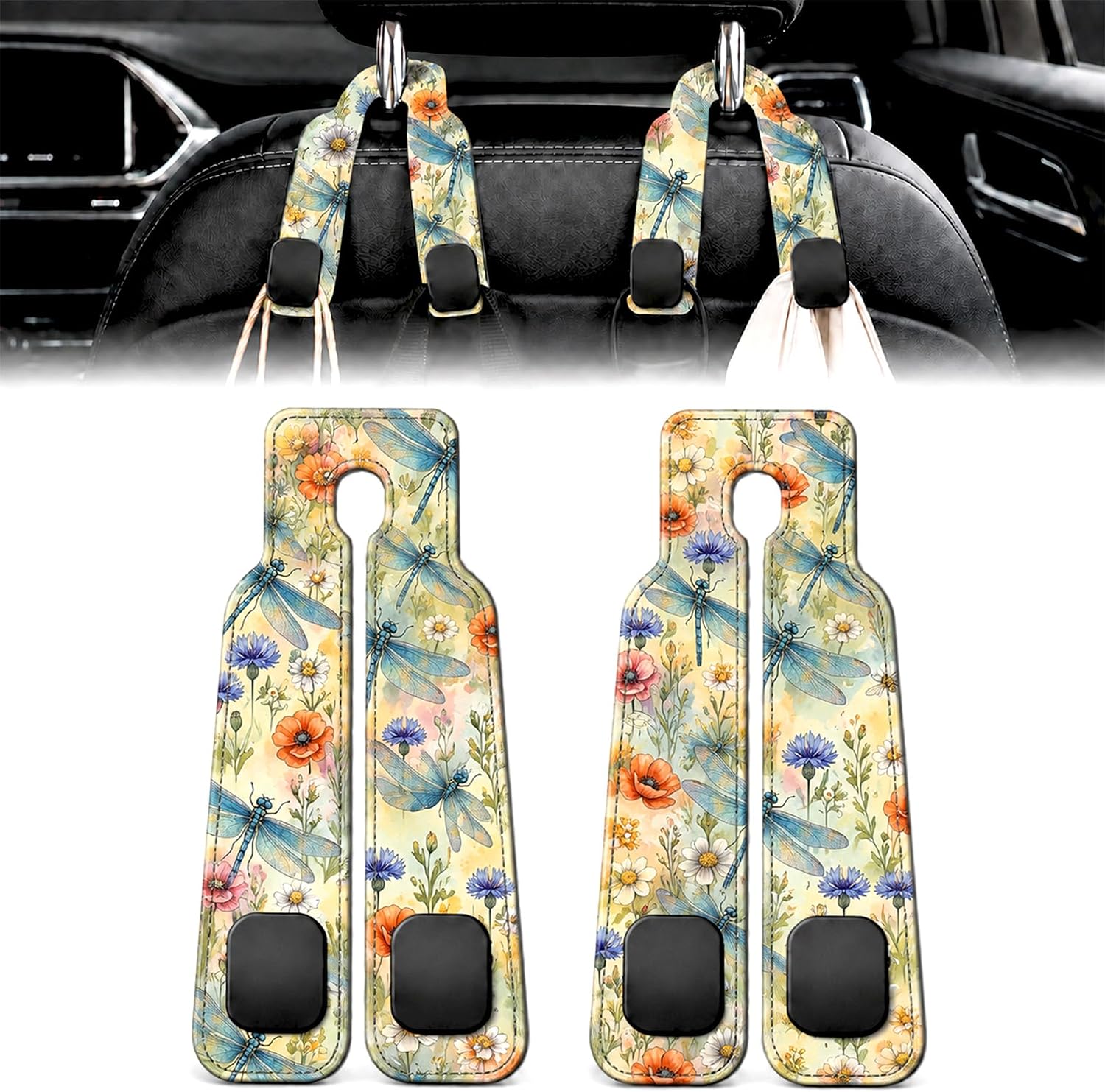 2 Pack Dragonfly Floral Car Headrest Hooks for Purse Seat Back Hanger