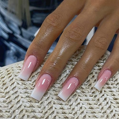 Miniatura 35 de Xcreando - Uñas postizas Baby Pink de longitud media y largas, estilo coffin cuadrado, uñas acrílicas con pegamento, uñas postizas de color sólido