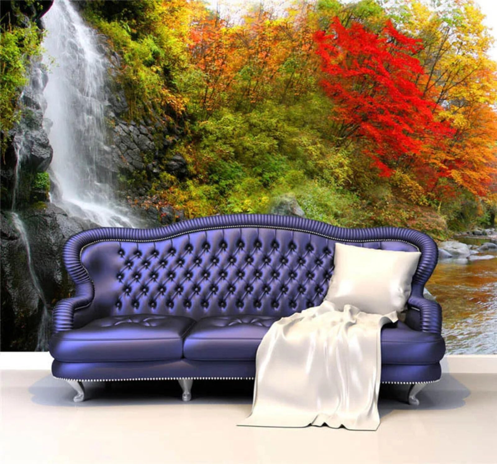 Xlming 300Cm×210Cm(B×H) Beautiful Red Maple Leaves Scenery Waterfall River 3D Wallpaper Silky Texture Home Study Office Grey Dining Room Sofa Bedroom Living Room Tv Backdrop-300Cm×210Cm
