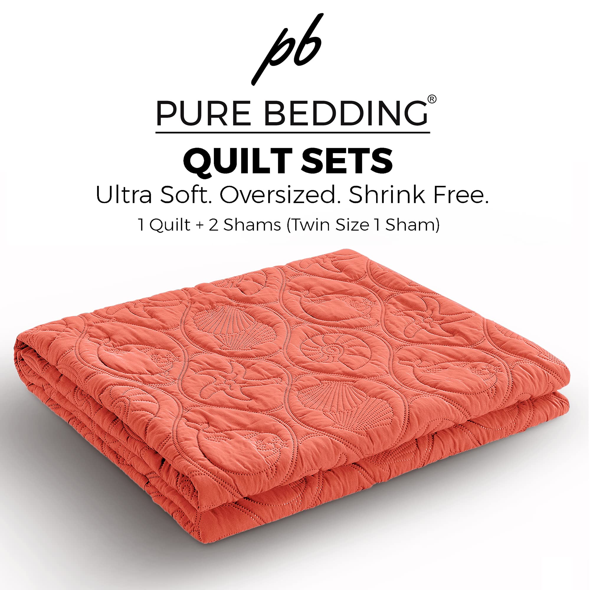 Pure Bedding Quilt Set Full/Queen Size Coral - Oversized Bedspread - Soft Microfiber Coverlet for All Season - Includes 1 Quilt and 2 Shams, Ocean Star Pattern