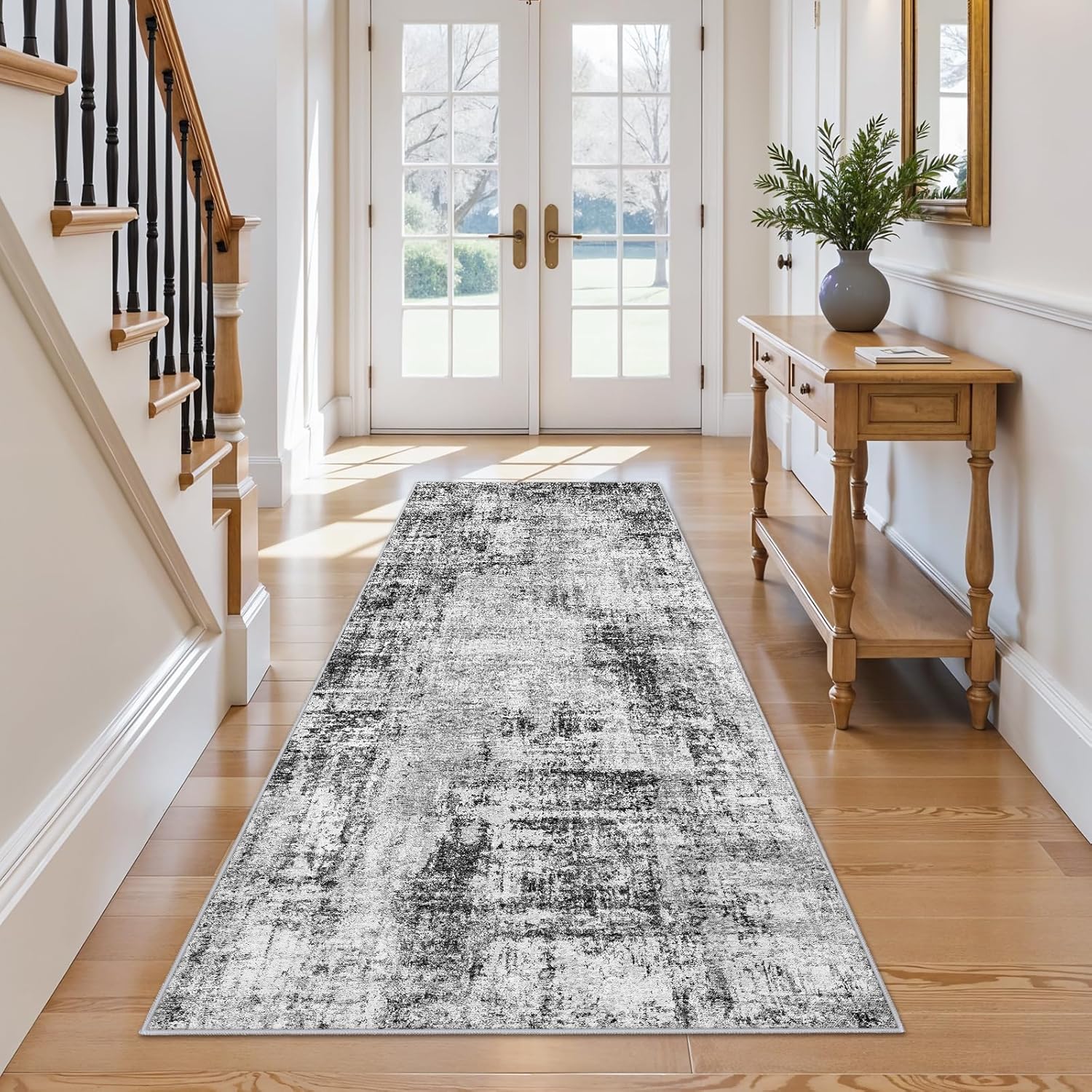 Runners for Hallways 3x8ft: Modern Abstract Washable Kitchen Rug Non Slip Throw Carpet for Bedroom Laundry - Distressed Low Pile Thin Soft Wide Floor Mat Gift for New Home Newlyweds(Black 3x8)