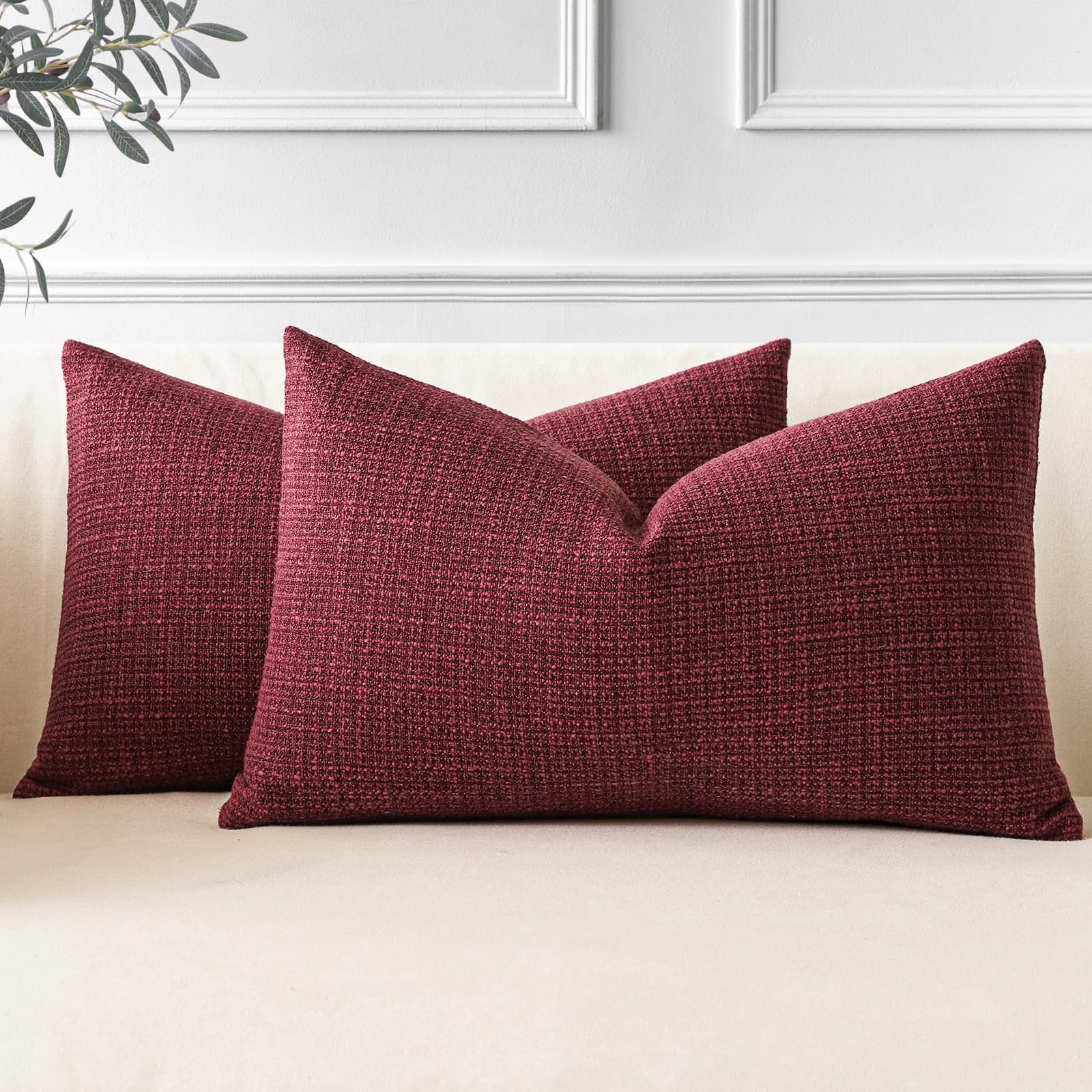JOTOM Set of 2 Cushion Covers 30x50 cm Linen Wine Red Decorative Throw Pillow Covers 12x20 Inch Lumbar Cushion Case Home Decor Pillowcases for Couch Sofa Living Room Bed (Wine Red)