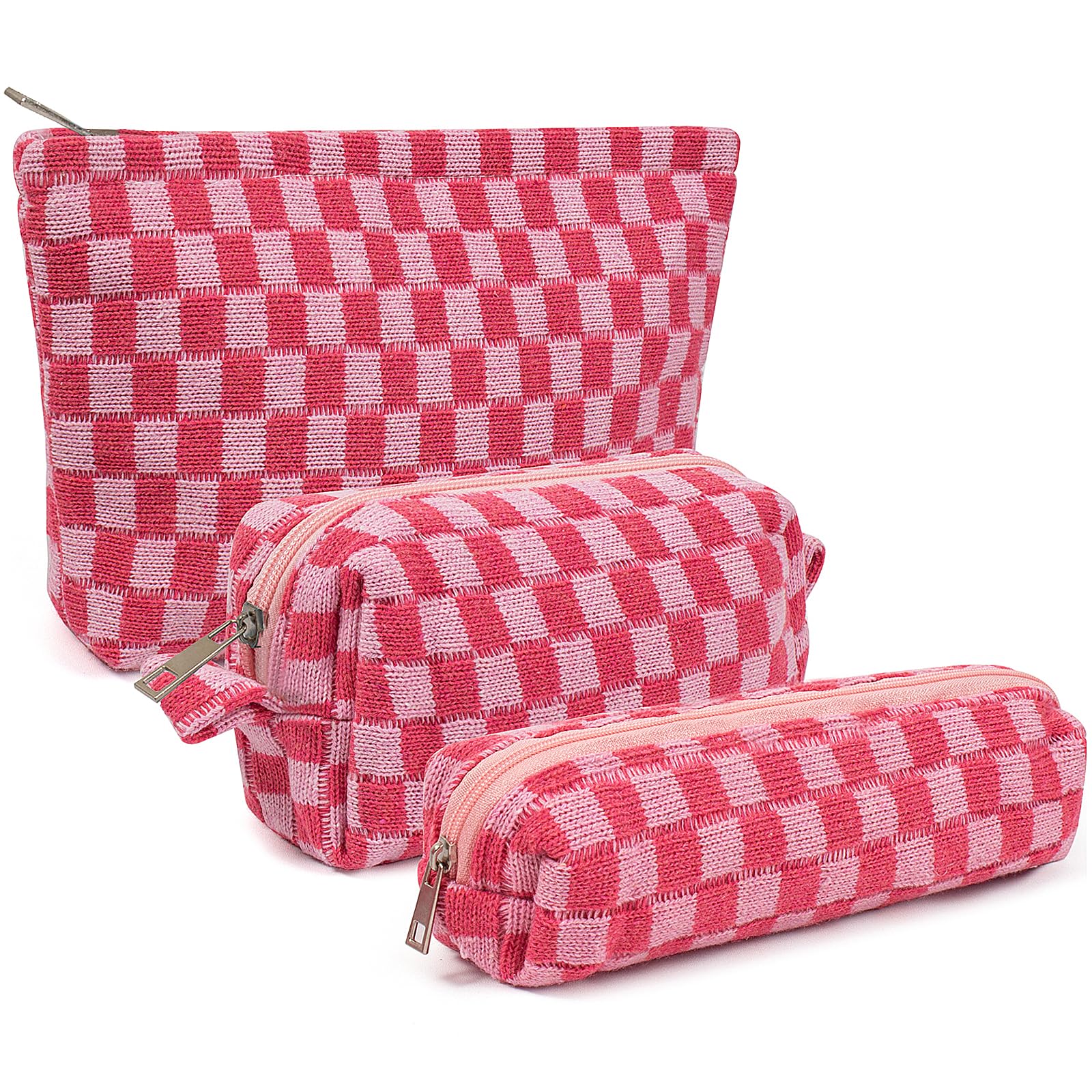 3 Pieces Makeup Bag Large Small Checkered Cosmetic Bag Capacity Canvas Travel Toiletry Bag Organizer Cute Makeup Brushes Aesthetic Accessories Storage