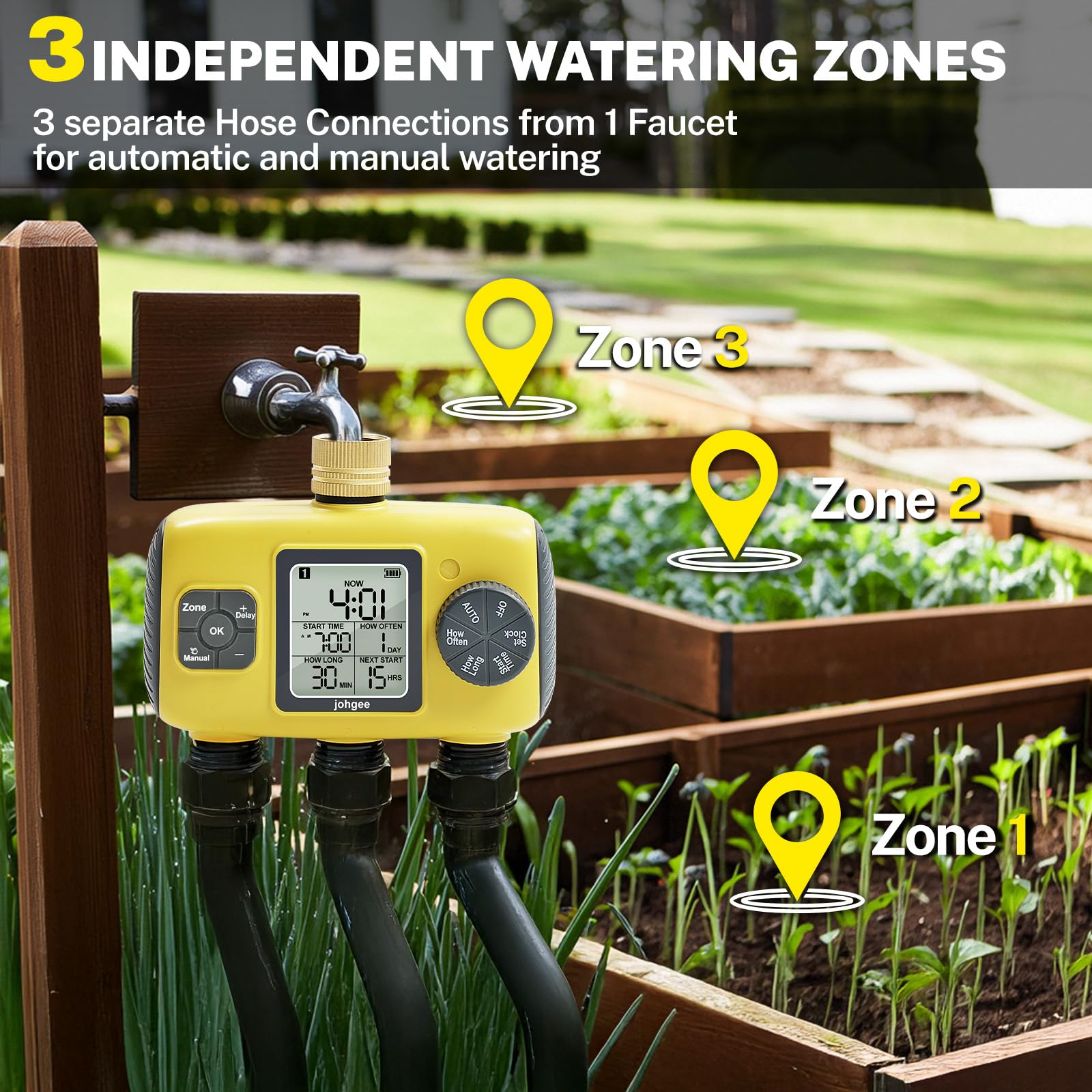 Johgee Programmateur Arrosage 3 Voies avec Entrée en Laiton, Minuteur Arrosage Automatique avec Retard de Pluie/Irrigation Manuelle, pour Serre, Pelouse et Jardin