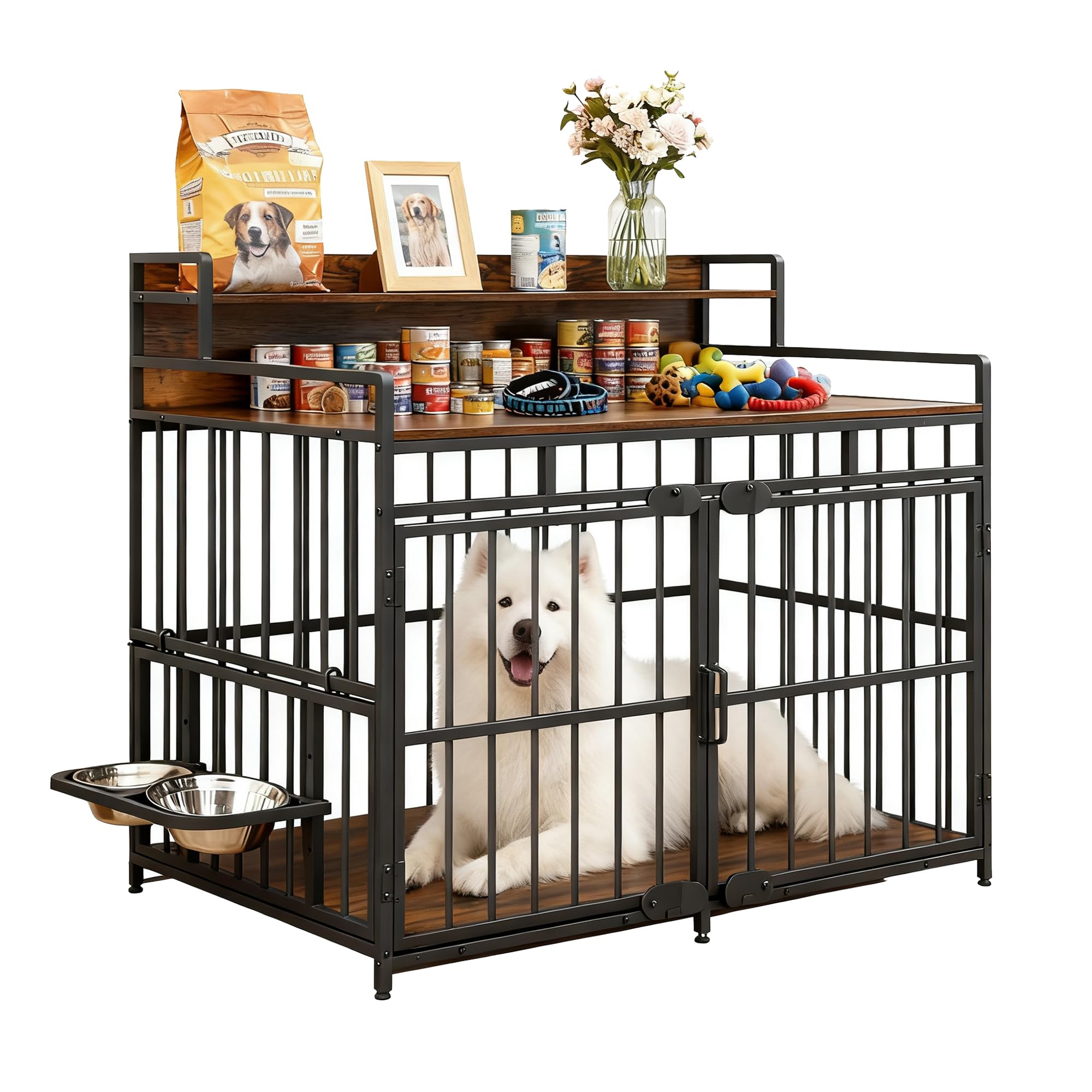 Feonase Large Dog Crate with Storage,Large Dog Crate Furniture with 360ยฐ & Adjustable Raised Feeder, Heavy Duty Dog Crate Large Steel & Waterproof,38 inches/Brown