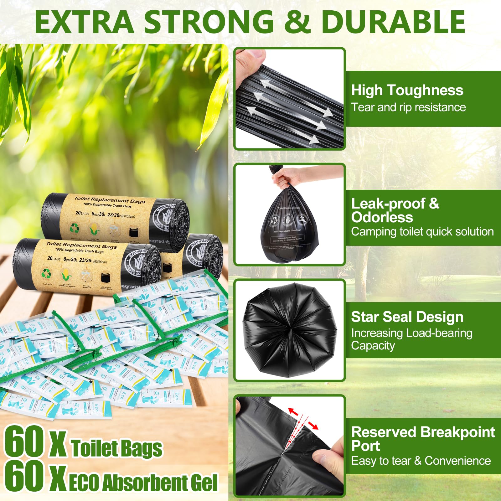 BLIKA Juego de bolsas de inodoro de gel ecológico para camping, bolsas de inodoro portátiles con gel, 8 galones, 30 litros, resistentes 1 mil, bolsas de repuesto para inodoro con polvo de inodoro para