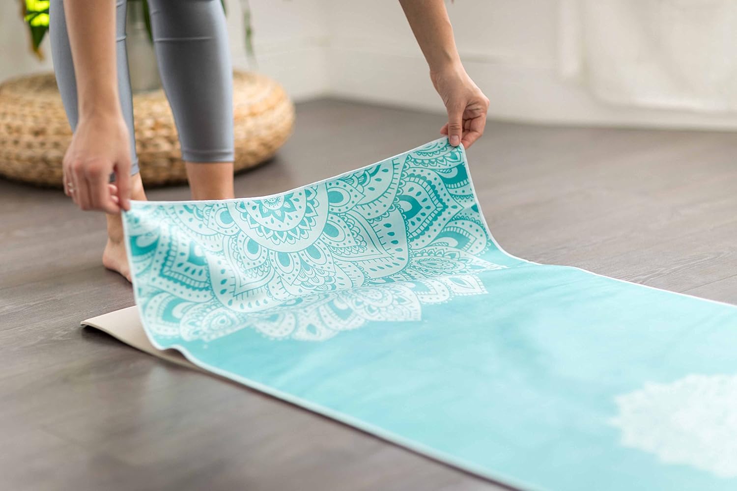 yogadesignlab | The HOT Yoga Towel | Premium Non Slip Colorful Towel | Eco Printed + Quick Dry + Mat Sized (Mandala Turquoise,)
