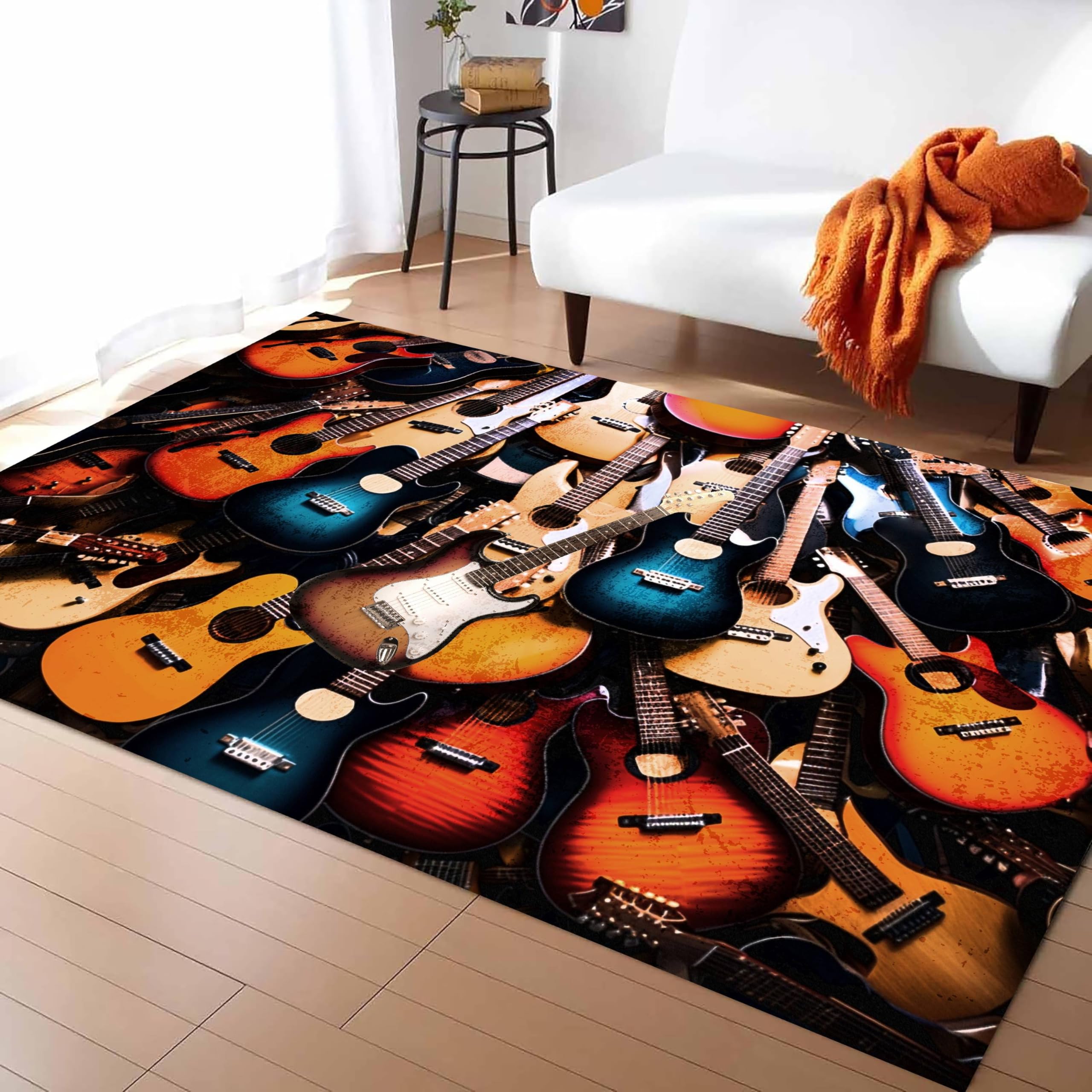 Kuluoits Vintage Wood Guitar Area Rug, 160x230cm, Modern Guitars Themed Rug, Rock Guitars Design Rugs, Music Carpet, Music Decor Rugs, Non-Slip Washable Easy to Clean Carpet Gift Guitar Floor Mats