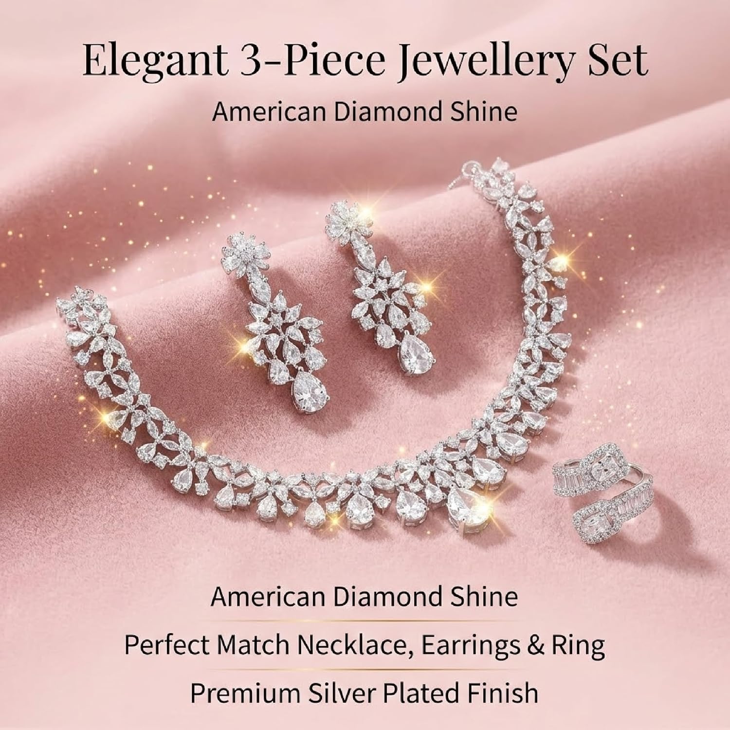Silver Plated American Diamond Jewellery Set for Women | Necklace Set with Earrings & Ring | Bridal Wedding Party Wear AD Jewellery for Adult Women | Elegant Gift