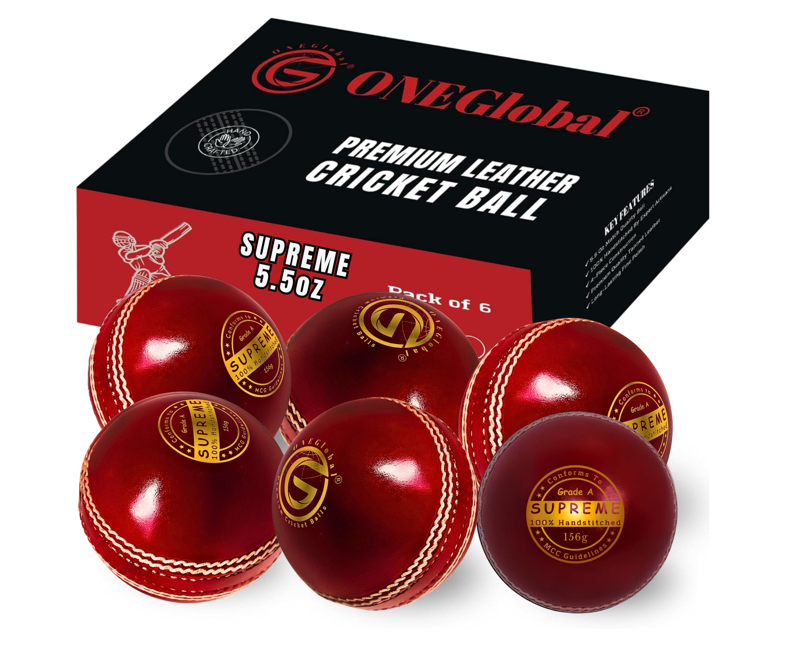 Supreme Cricketball aus echtem Leder, Lederball mit handgenähter Naht, hochwertige harte Bälle für Club- und Liga-Spiele (Senioren, 156 g, Junioren 135 g, Damen 142 g)