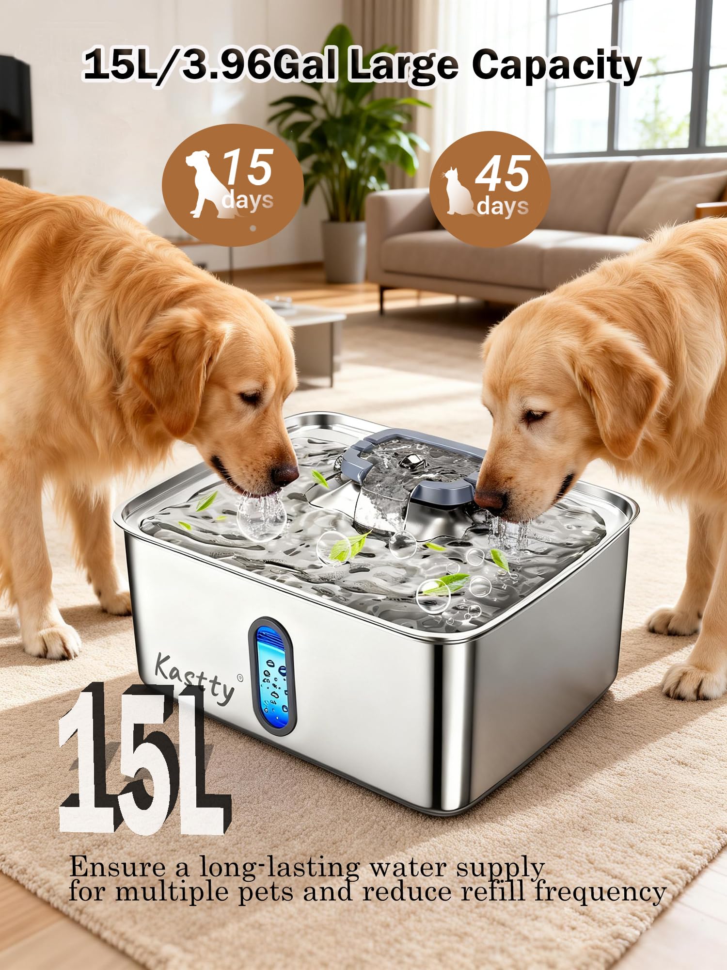 Kastty Fuente de agua para perros de acero inoxidable de 15 litros, dispensador de cuenco de agua para perros de gran capacidad, luz LED silenciosa, triple filtración, sin BPA, fuente de agua