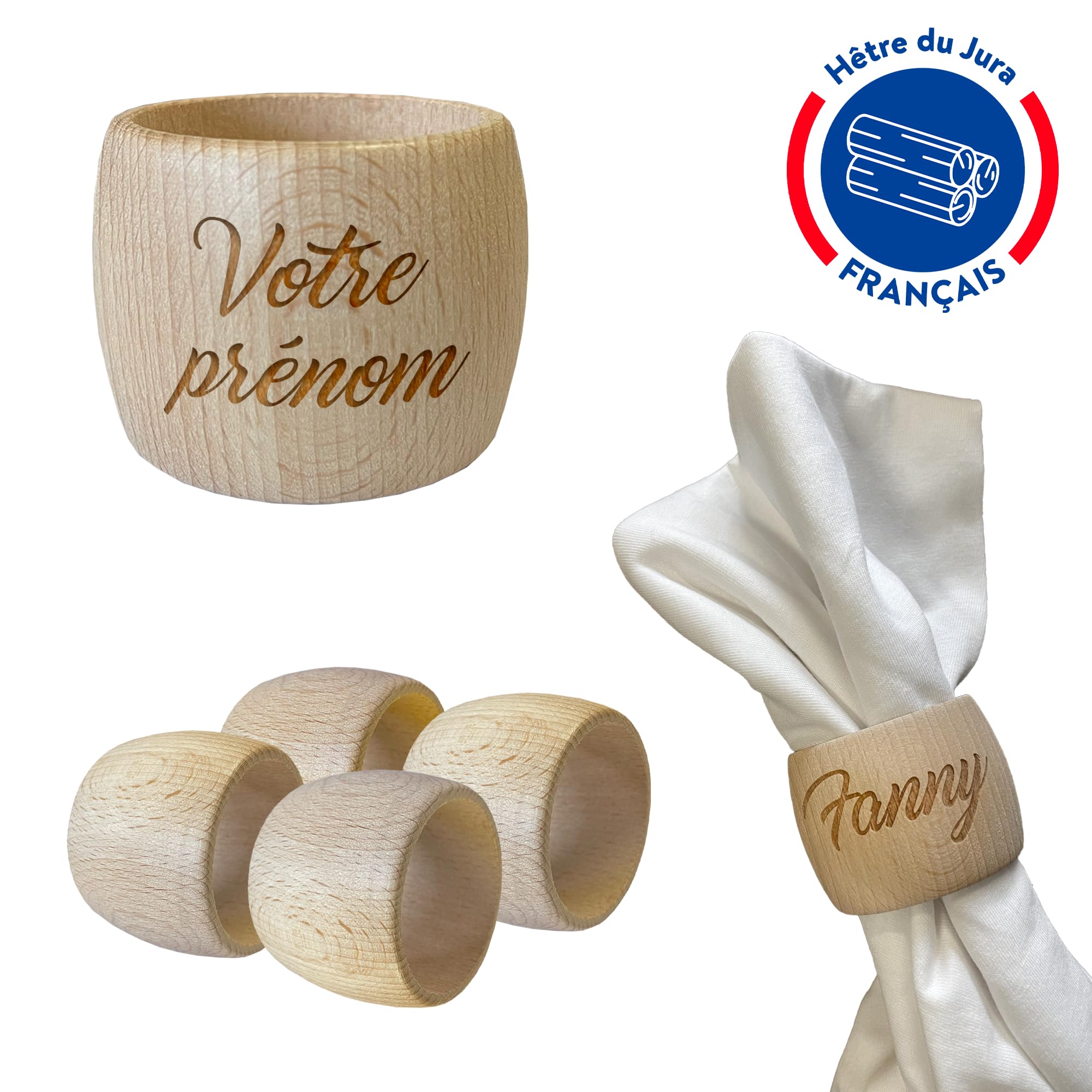 4 Ronds De Serviette En Bois Personnalisables - Gravure Prénom Ou Texte - Hêtre Du Jura 5x4cm