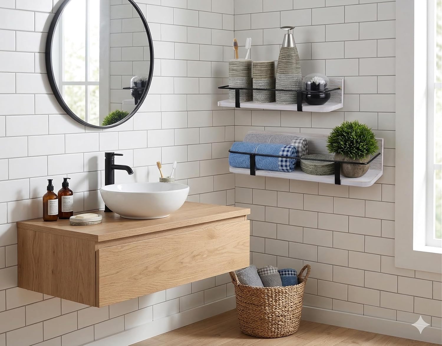 Spiretro Floating RV Shelves - Rustic Wood with Metal Rail - Set of 2 (Large & Small), White - Bathroom Living Room Bedroom Kitchen Closet Decor