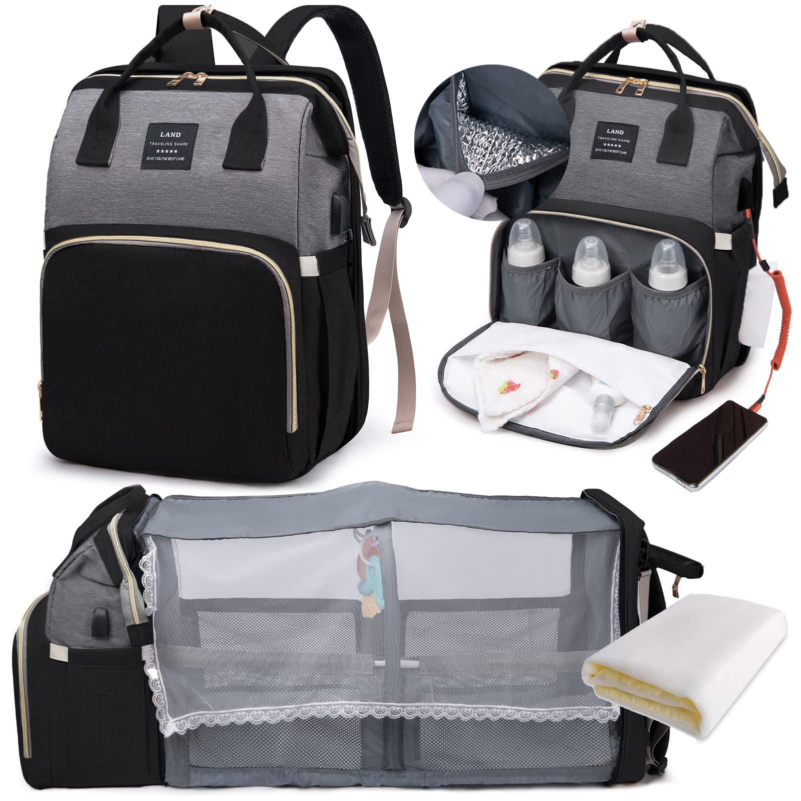 LEcylankEr Wickelrucksack mit Babybett - Große Wickeltasche Rucksack mit Wickelauflage & Isoliertasche & Moskitonetz & USB-Ladeanschluss (Schwarz und grau)