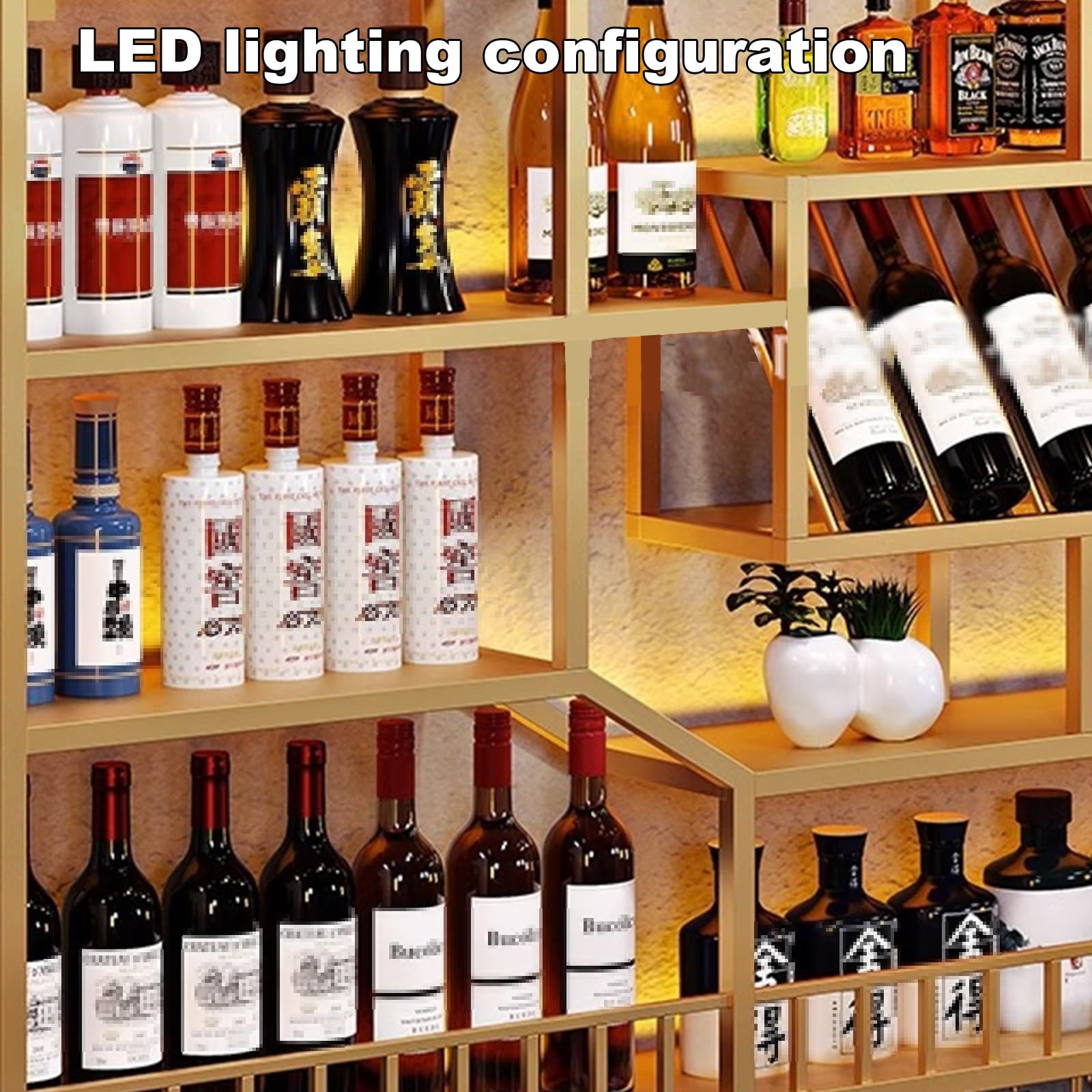 Botellero Vino Pared Botellero Moderno de Hierro Lacado a Alta Temperatura, Wall Mounted Wine Rack con Luces Led y Portavasos para Cocina, Comedor, Bar(120 * 20 * 125cm)