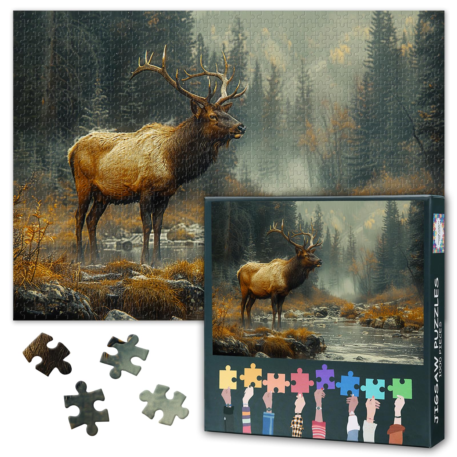 Majestic Elk Puzzles for Adults 1000 Pieces, Misty Forest Stream Jigsaw Puzzles, Adult Puzzle for Adults, Educational Fun Games or Toys for Elders Friends 20X27 INCH