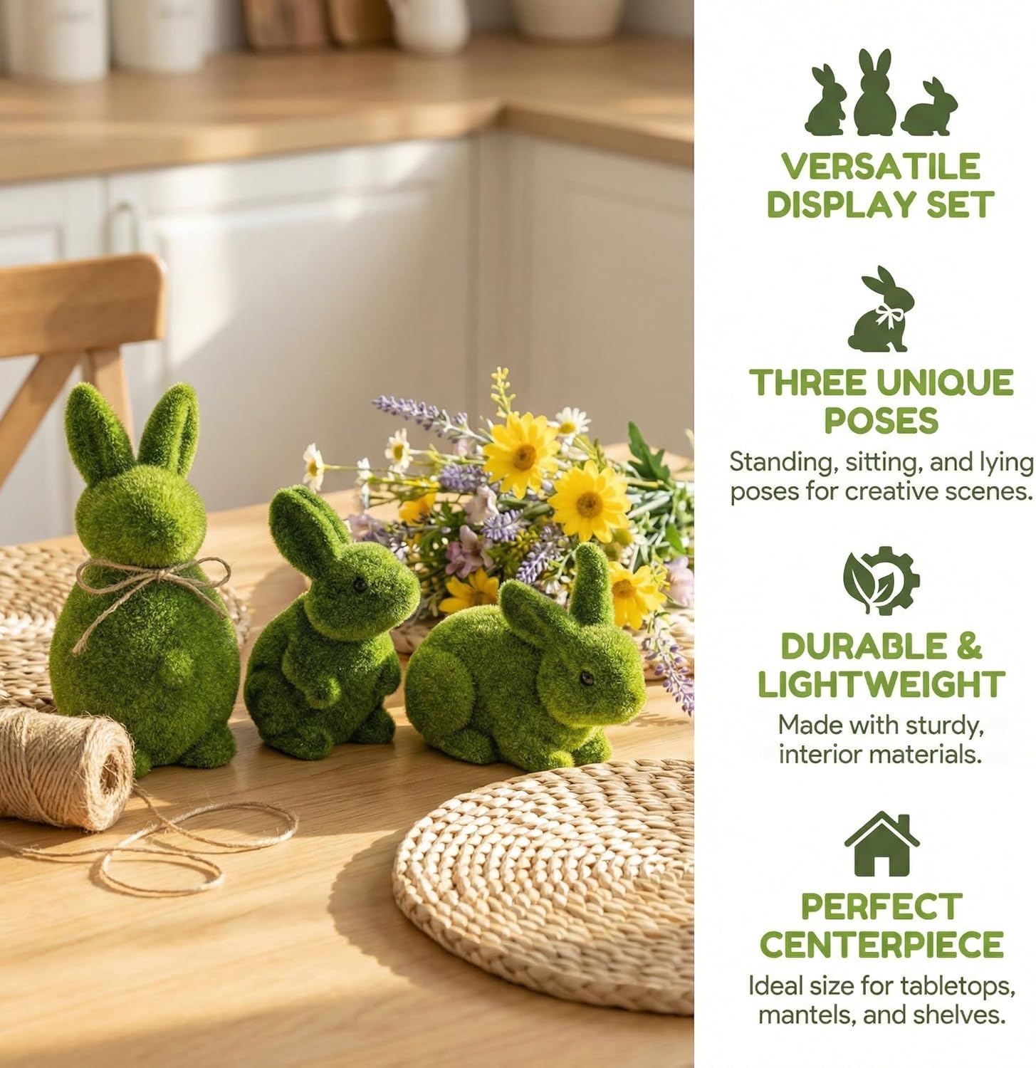 Moss Flocked Resin Bunny Figurines Set of 3, Artificial Green Moss Rabbit Statue for Easter Spring Home Decor, Table Centerpiece, Garden, Farmhouse, Party Decorations