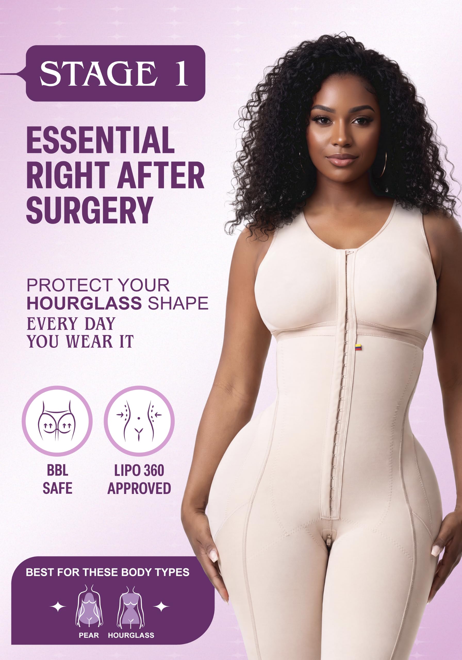 Snatched Body - Faja colombiana de etapa 1 para mujer con brasier moldeador BBL post cirugía de compresión para levantamiento de glúteos