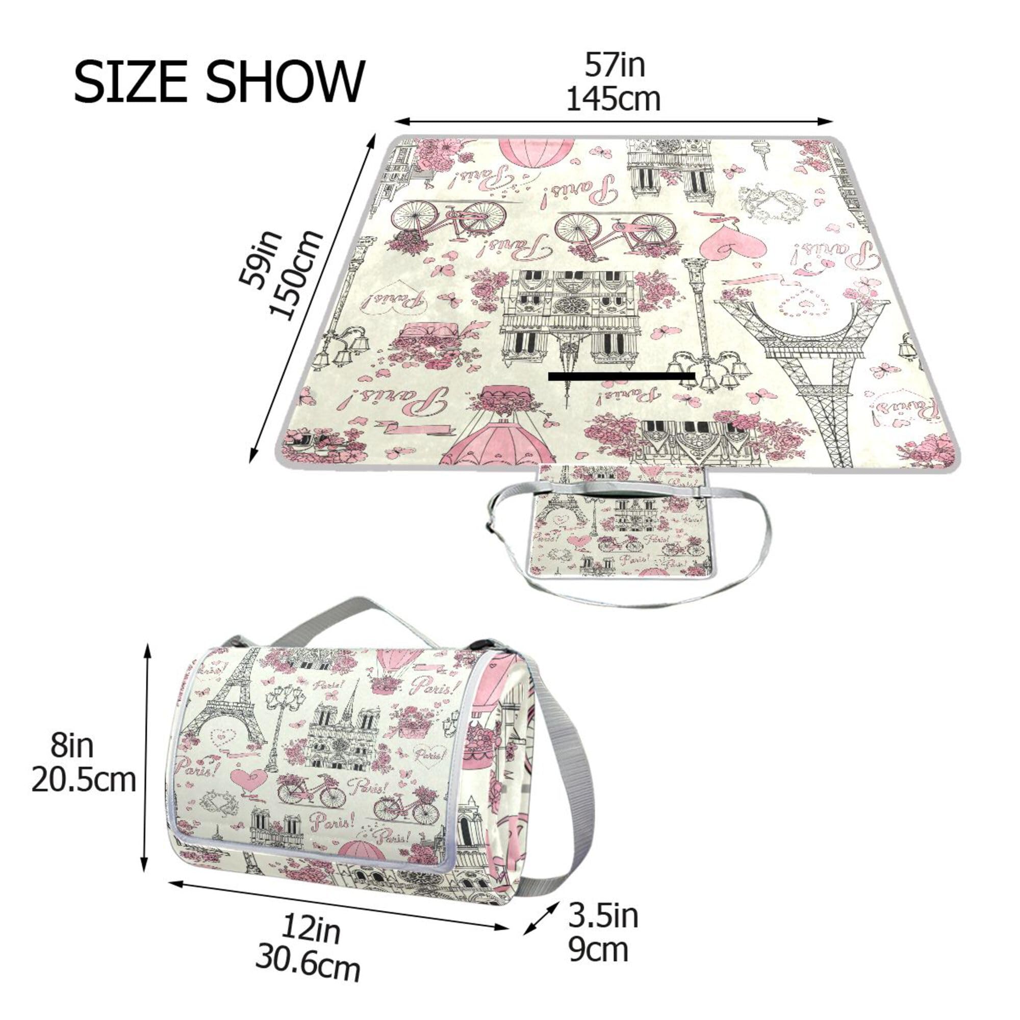 ALAZA Couverture de pique-nique rectangulaire imperméable, tour Eiffel et cœur, tapis d'intérieur pliable pour voyage, randonnée, camping, parc, 150 cm x 145 cm