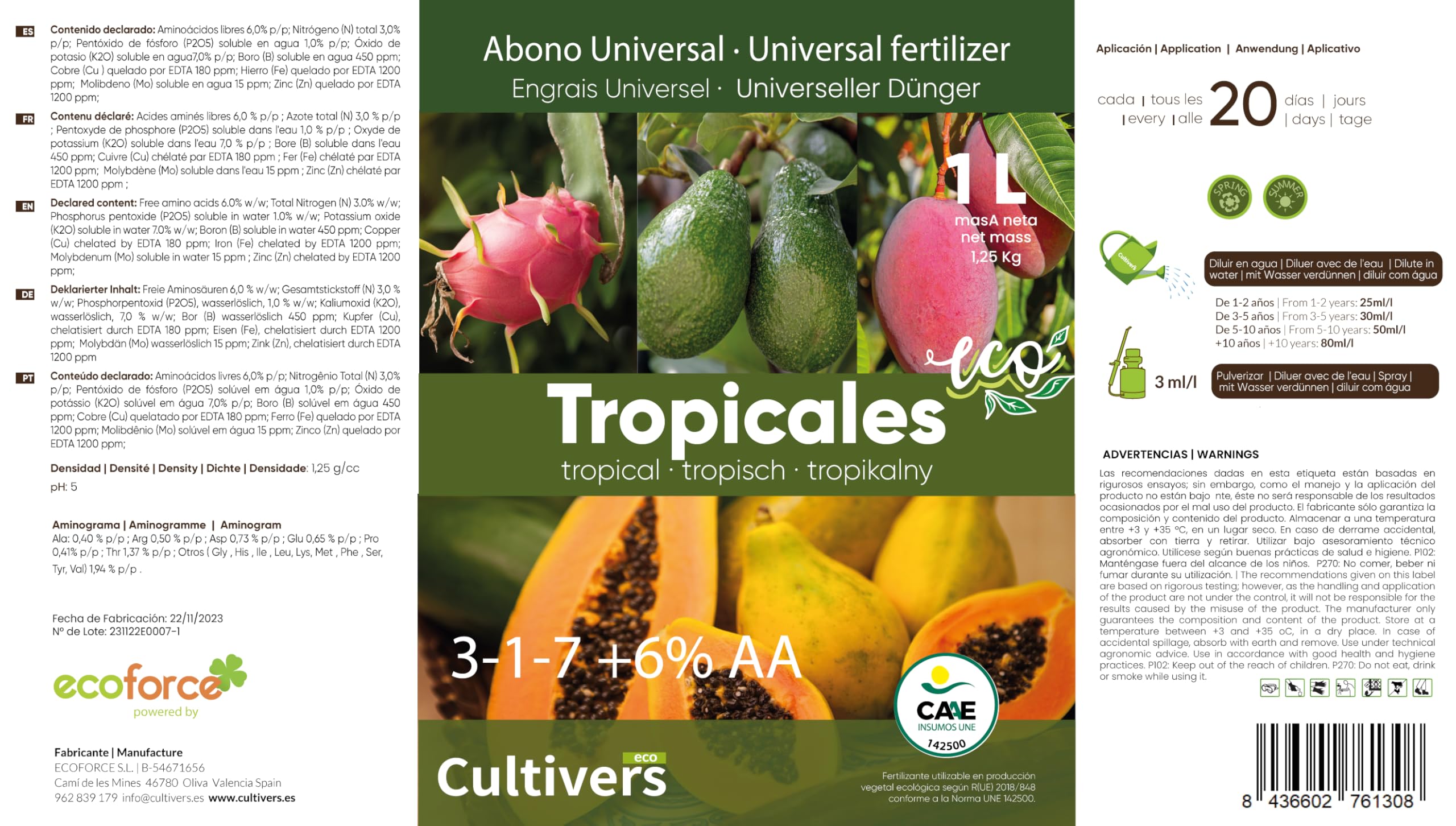 CULTIVERS Fertilizante Tropicales Ecológico 10 L. Abono Líquido 100% Orgánico. Mayor Rendimiento y Aumento
