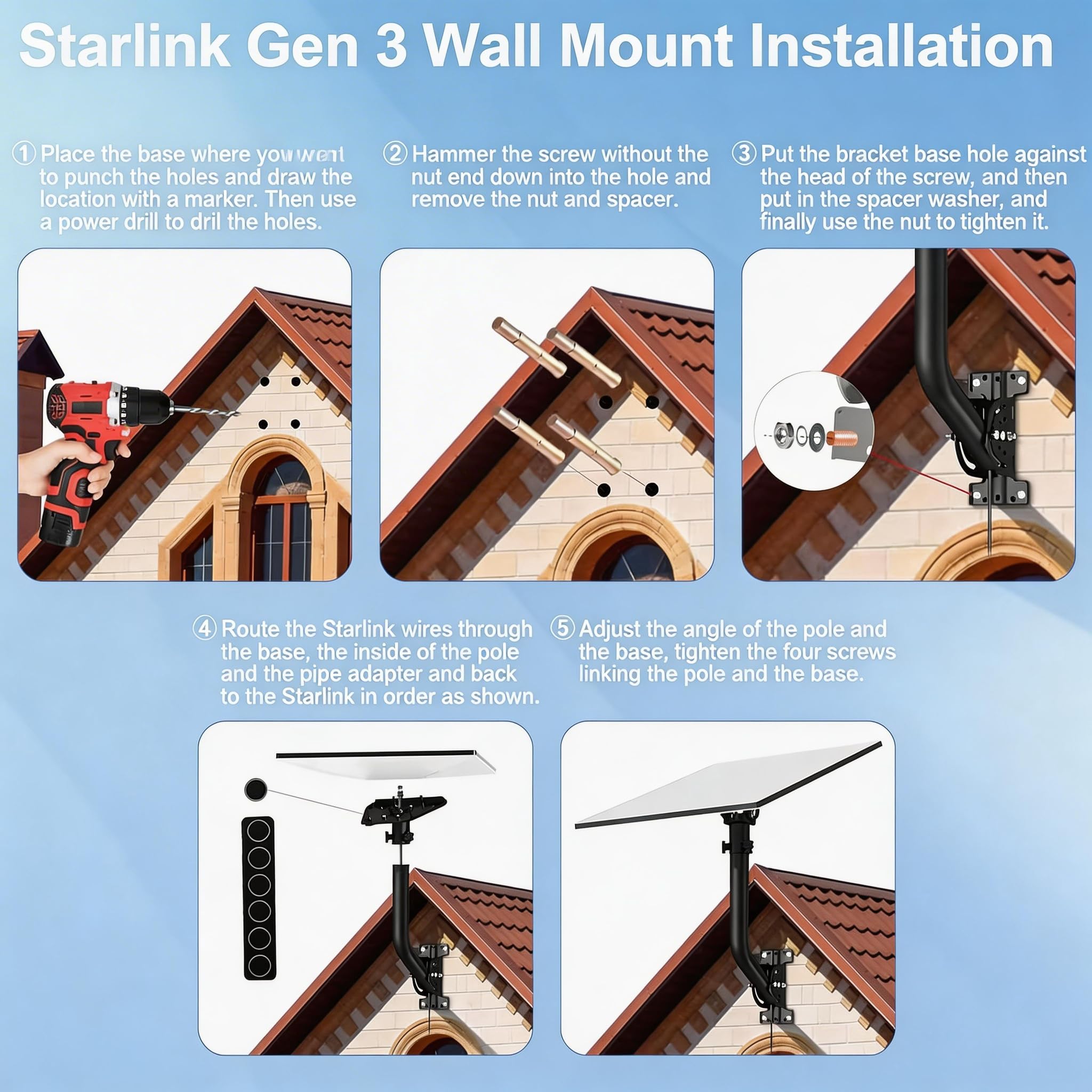 Stojak Starlink Gen 3/V3 z regulacją 360°, zestaw do montażu ściennego/dachowego z adapterem do rur, metalowy uchwyt kompatybilny ze standardową anteną Starlink, instalacja zewnętrzna