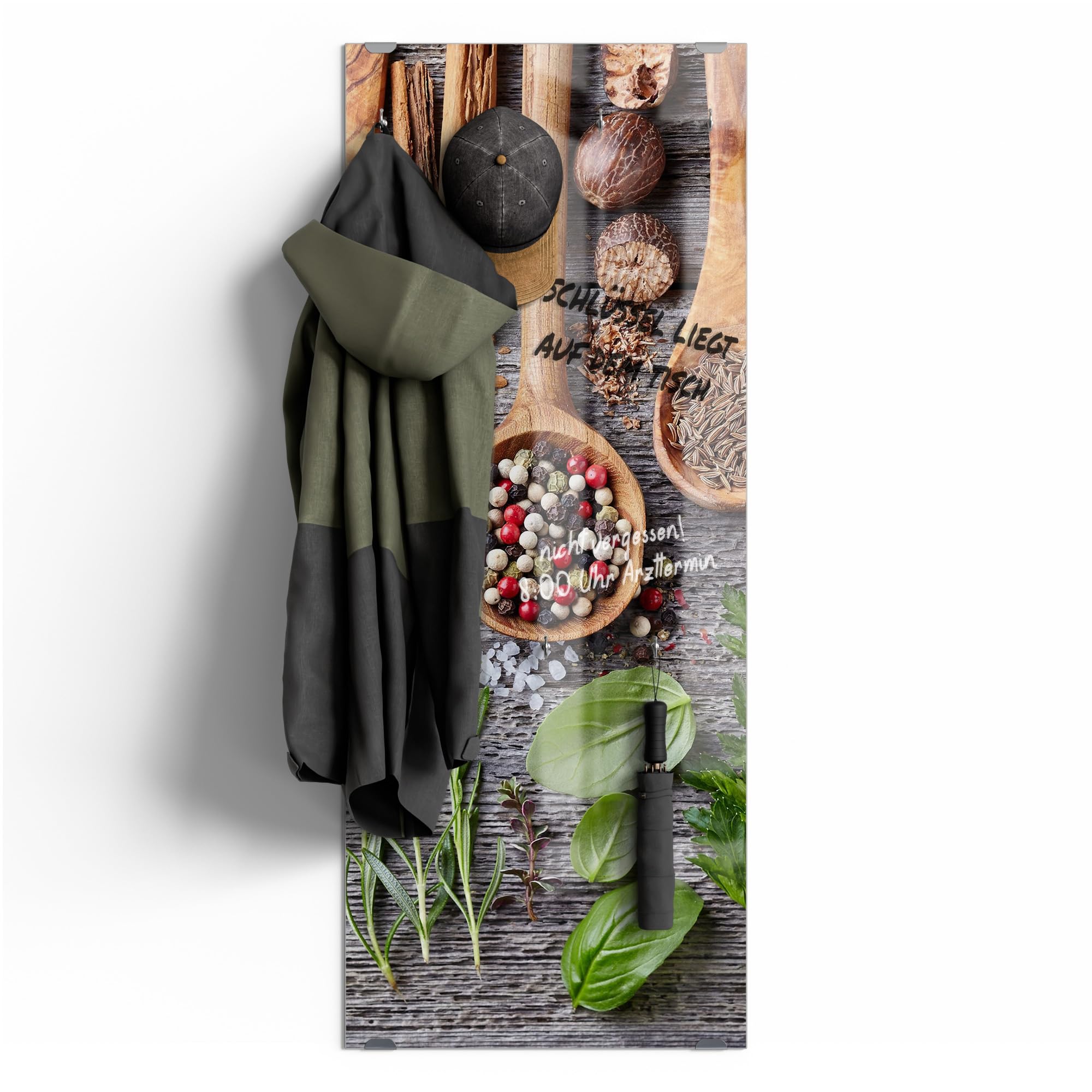 DEQORI Wieszak na ubrania ze szkła z nadrukiem motywu | wzór pionowy, 50 x 125 cm | motyw zdobiona łyżka kuchenna | szkło bezpieczne ESG z 7 haczykami – możliwość pisania i łatwe w montażu – łatwe w