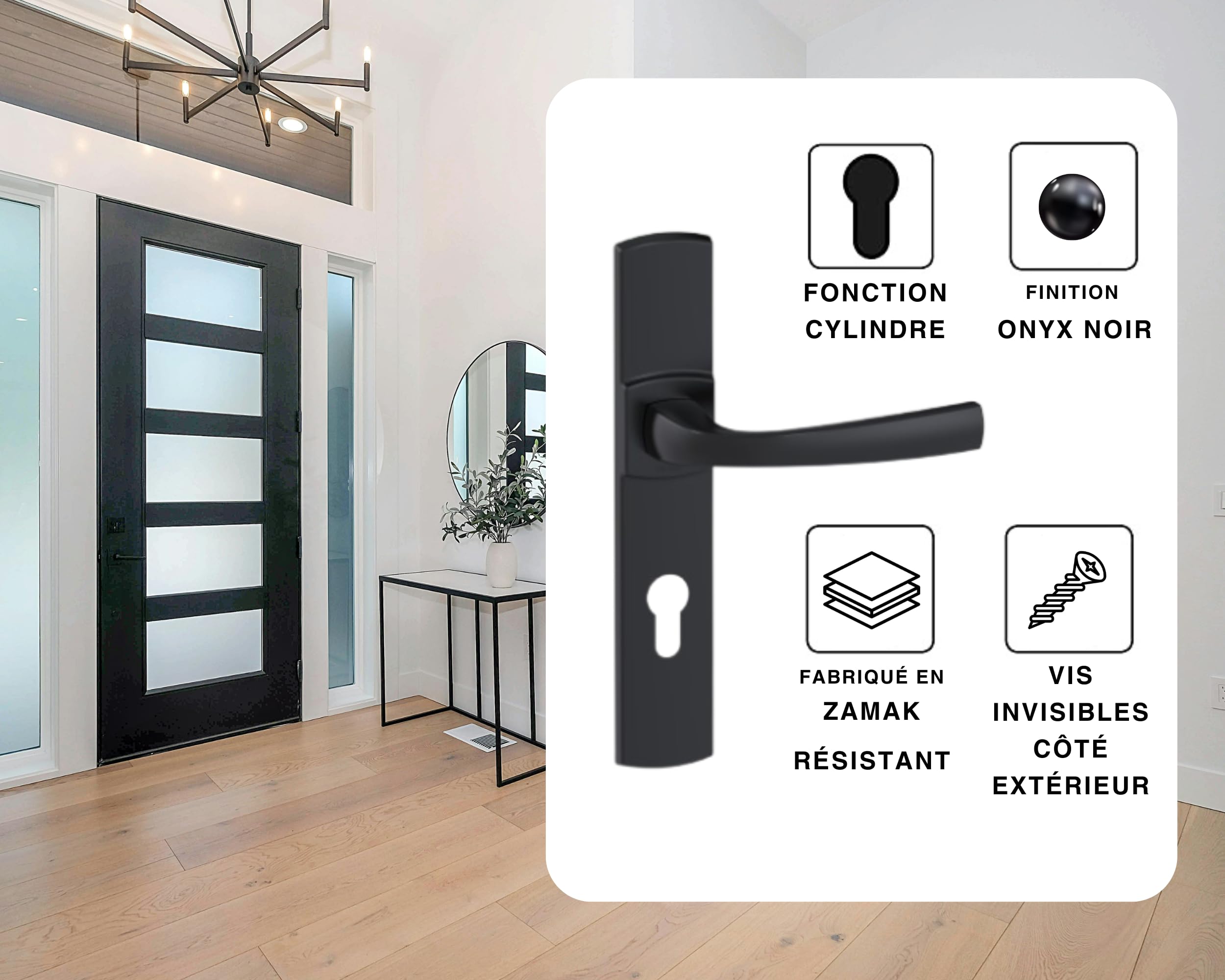 Vachette Set de Poignée de Porte sur Plaque MUZE - Version Clé I, Porte d'Entrée, Bureau, Garage - Entraxe 195 mm - Système de Pose Facile - Zamak Résistant - Finition Onyx Noir